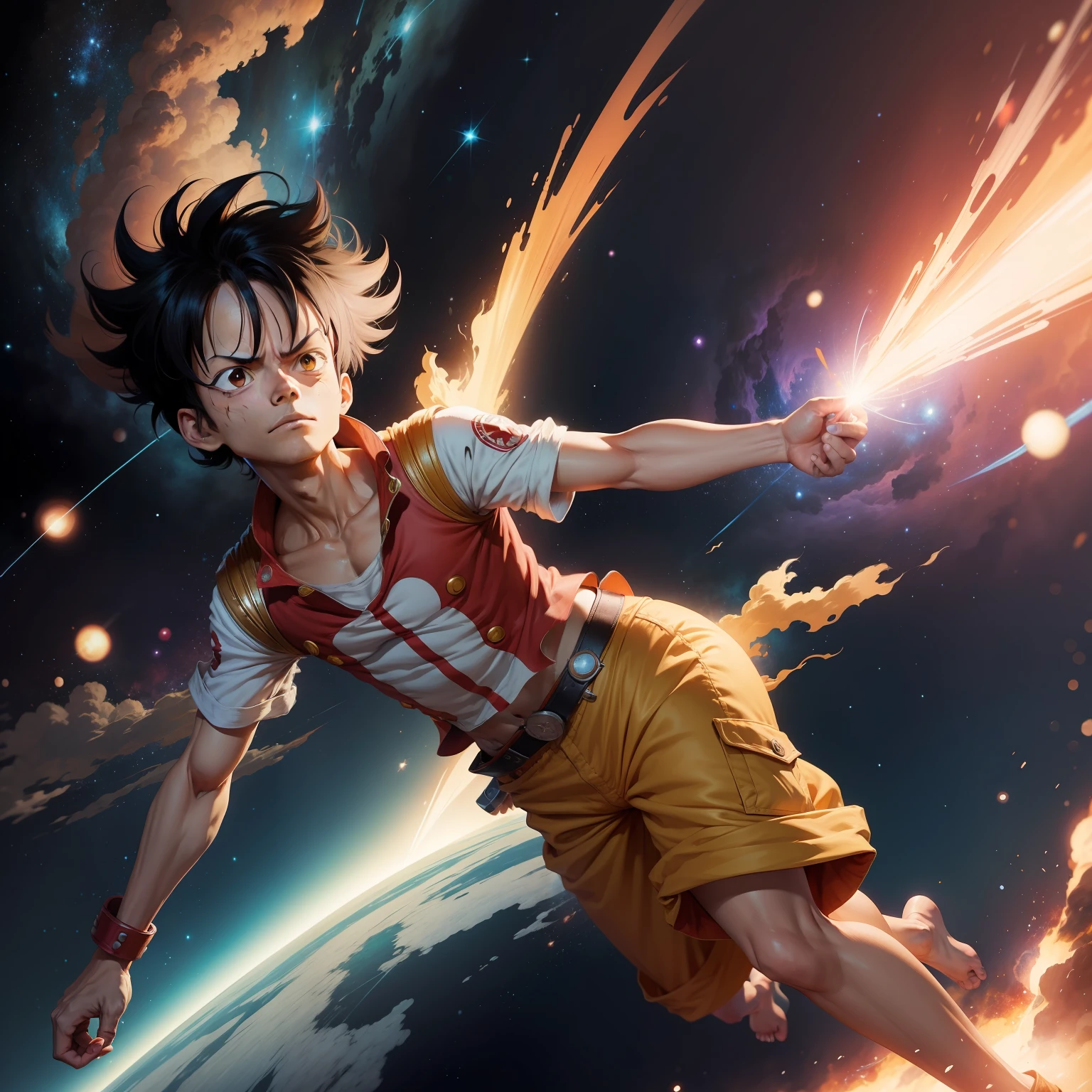 Luffy in space+Dynamic comic style+Full of adventure and energy+Delicate lines+Bright colors+Fighting stance in starry sky background