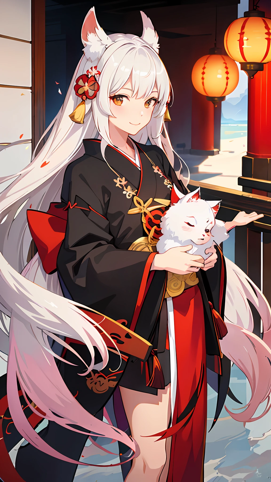kimono, standing, 1 girl, 8K, White lining, Black coat, High quality, Look at the viewer,beast ear, wearing a kitsune mask, brunette,shrines,torii,the cherry trees,Fluttering flowers,anime moe art style,Kantai collection style,a serene smile,azur lane style,anime visual of a cute girl,offcial art,a beautiful anime portrait,Beautiful anime girls,komono,onmyoji portrait,smooth anime cg art,8K