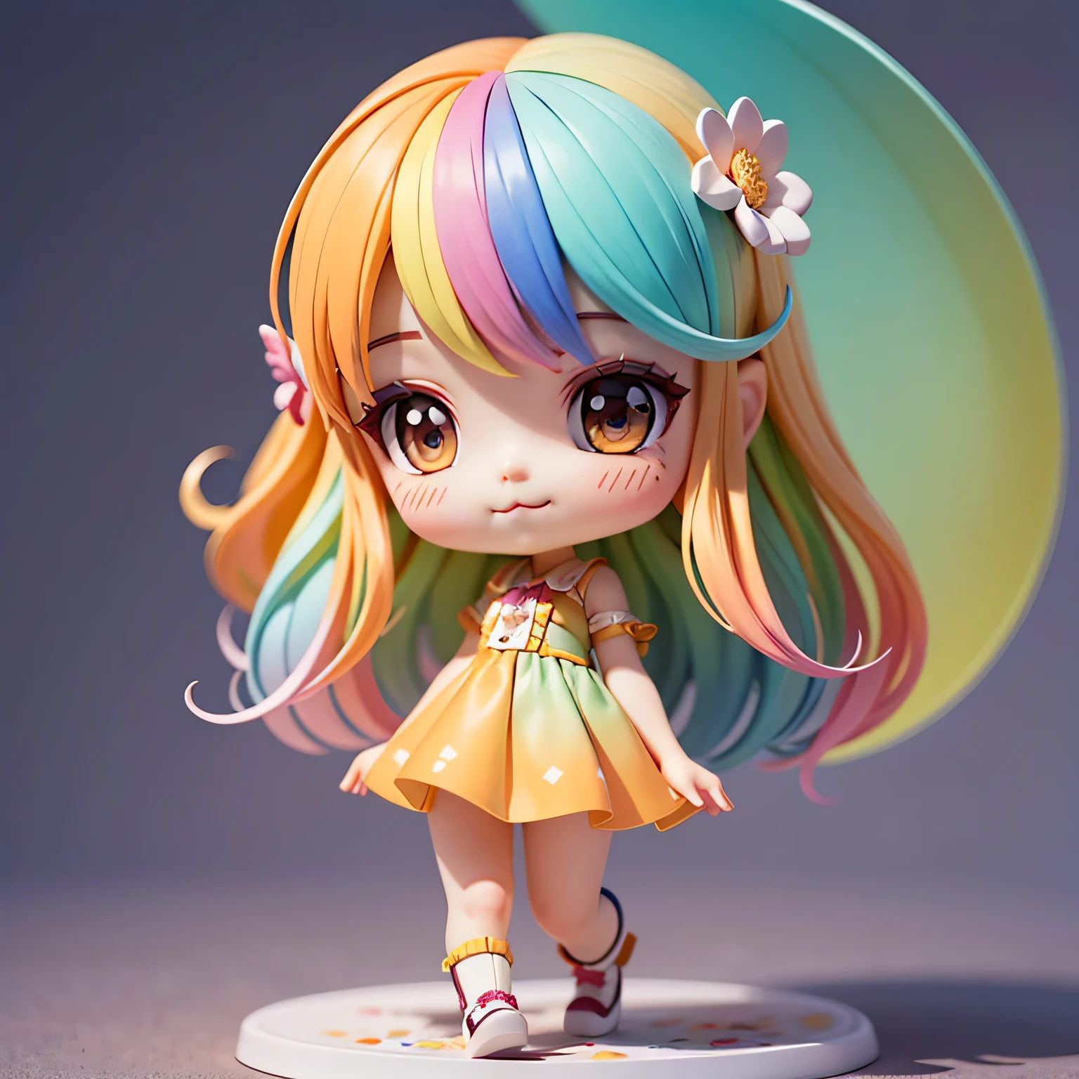 ((best quality)), ((masterpiece)), ( extreme detailed, highest detailed, official art, beautiful and aesthetic:1.2), depth, composition, FULL BODY, CHIBI, Cute, beautiful eye, colorful ombre hair, rainbow gradient outfit, smilling, bokeh, bloom, blurred background,
