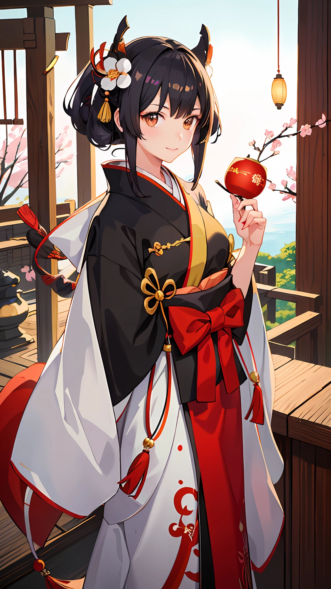 kimono, standing, 1 girl, 8K, White lining, Black coat, High quality, Look at the viewer，beast ear, wearing a kitsune mask, brunette，shrines，torii，the cherry trees，Fluttering flowers，anime moe art style，Kantai collection style，a serene smile，azur lane style，anime visual of a cute girl，offcial art，a beautiful anime portrait，Beautiful anime girls，komono，onmyoji portrait，smooth anime cg art，8K