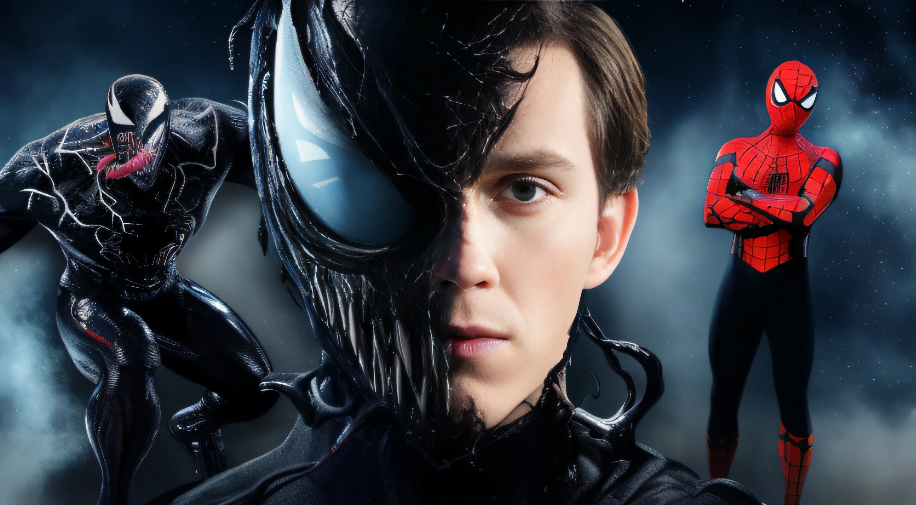 a man in a black suit and a spider - man in a red suit, venom, symbiote, venom symbiote, venom costume, venom fangs, chaos nightmare ❄️ amour venom, venomized, venom dunking on spiderman, profile pic, movie character, tom holland, peter parker, textless, mix of venom and cthulhu, live action movie, edited