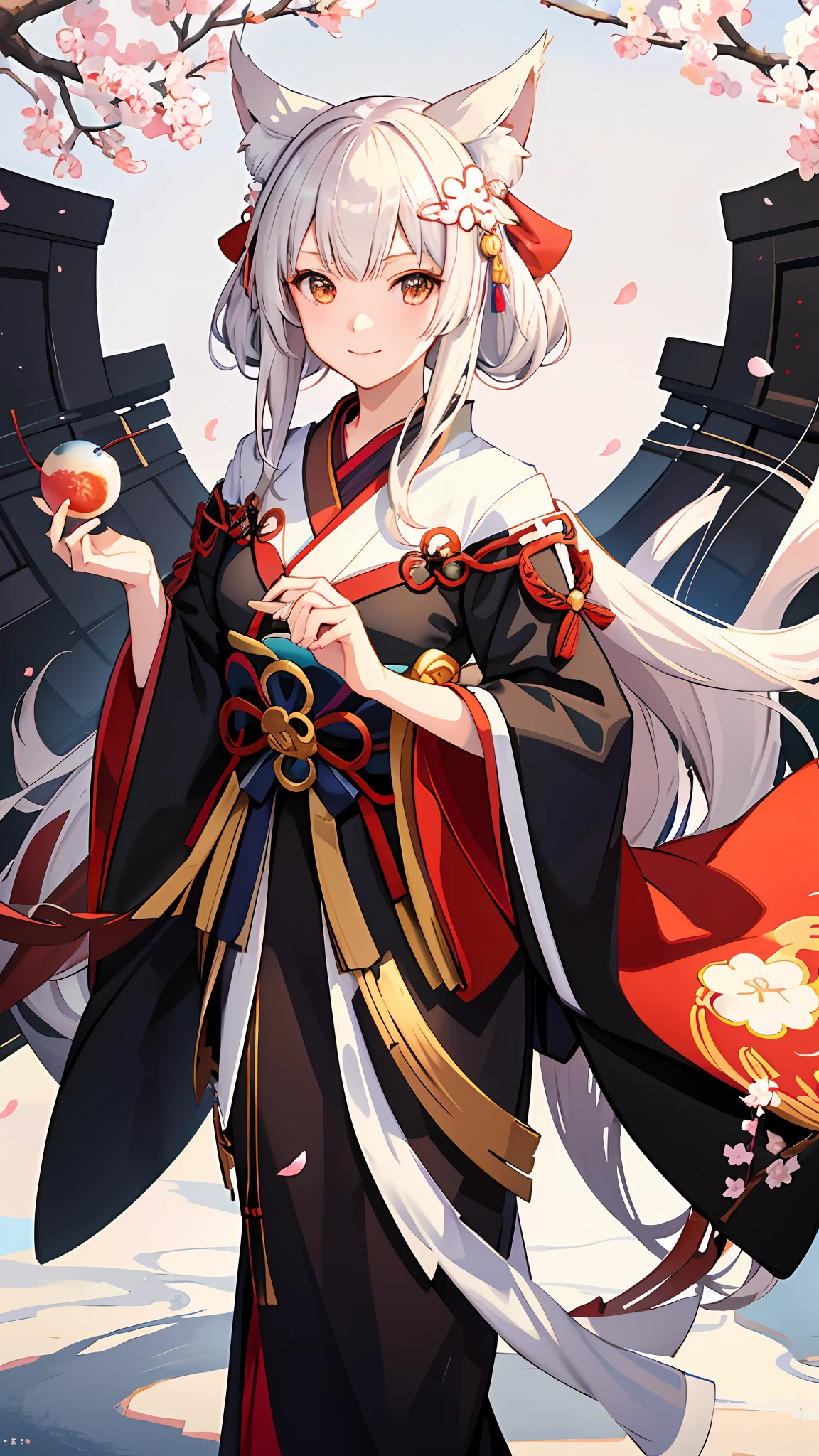 kimono, standing, 1 girl, 8K, White lining, Black coat, High quality, Look at the viewer,beast ear, wearing a kitsune mask, brunette,shrines,torii,the cherry trees,Fluttering flowers,anime moe art style,Kantai collection style,a serene smile,azur lane style,anime visual of a cute girl,offcial art,a beautiful anime portrait,Beautiful anime girls,komono,onmyoji portrait,smooth anime cg art,8K