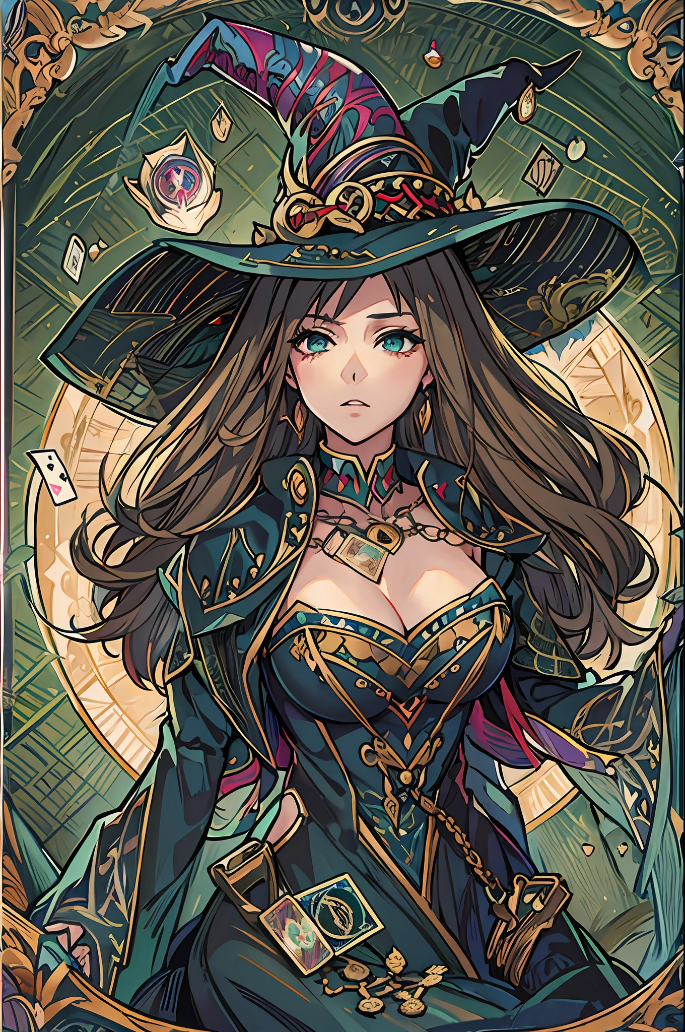 HighestQuali,tmasterpiece:1.2,Detailed details,4K,tarot cards,style de carte de tarot,Kizi, fanciful, optic, sorceress woman, magia, anime film, Witch hat, Witch dress,