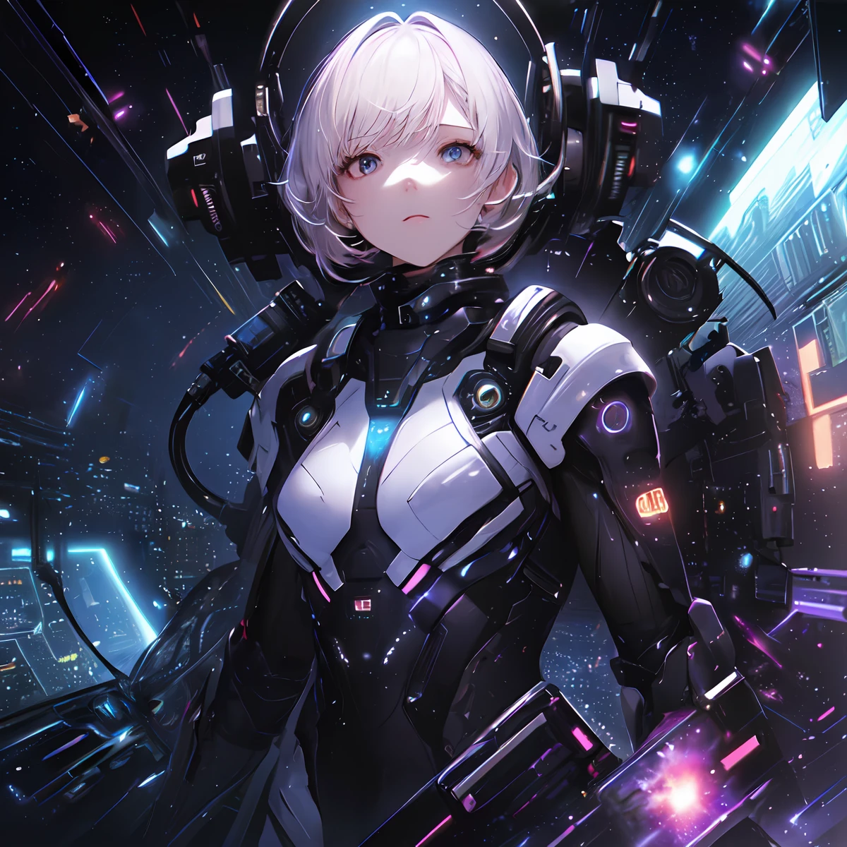 (masterpiece、top-quality、top-quality、Official art、ighly detailed、Beautifully Aesthetic:1.2)、(1girl in),cosmic space、cyberpunked、Future Space Combat Suits、((nebulas))、Delicate Light、Intuitive、Precise focus、cinema4d、Dramatic、