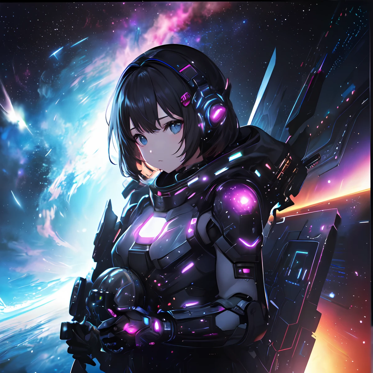 (masterpiece、top-quality、top-quality、Official art、ighly detailed、Beautifully Aesthetic:1.2)、(1girl in),cosmic space、cyberpunked、Future Space Combat Suits、((nebulas))、Delicate Light、Intuitive、Precise focus、cinema4d、Dramatic、