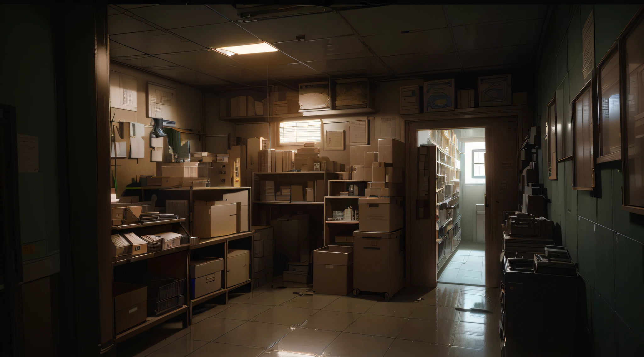 There is a room with boxes and shelves, Octane Render. by makoto shinkai, an empty backroom at night, By Shinkai Makoto. Octane Render, James Gurney Film Lighting, studio glibly makoto shinkai, Unreal Engine. retro film still, Dramatic Lighting. Concept art, Unreal Engine. Film Still, detailed cinematic rendering