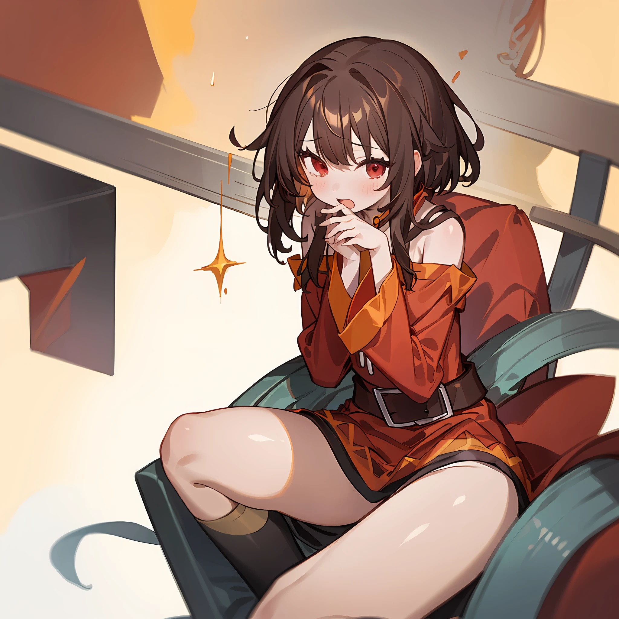 megumin,1 girl,Lori,small tits,red eyes,long sidelocks,brown hair,Short hair,sitting on,BREAK (masterpiecebest quality,Perfect Anatomy,perfect hands,perject limb,high details),