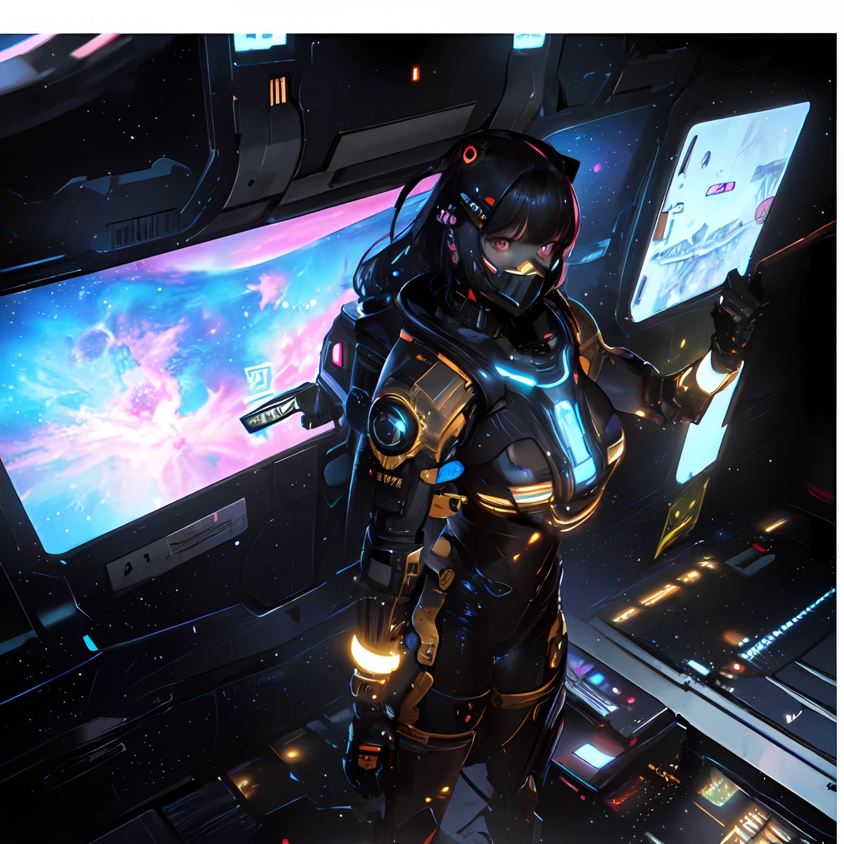 (​masterpiece、top-quality、top-quality、Official art、ighly detailed、Beautifully Aesthetic:1.2)、(1girl in),cosmic space、cyberpunked、Future Space Combat Suits、((nebulas))、Delicate Light、Intuitive、Precise focus、cinema4d、Dramatic、