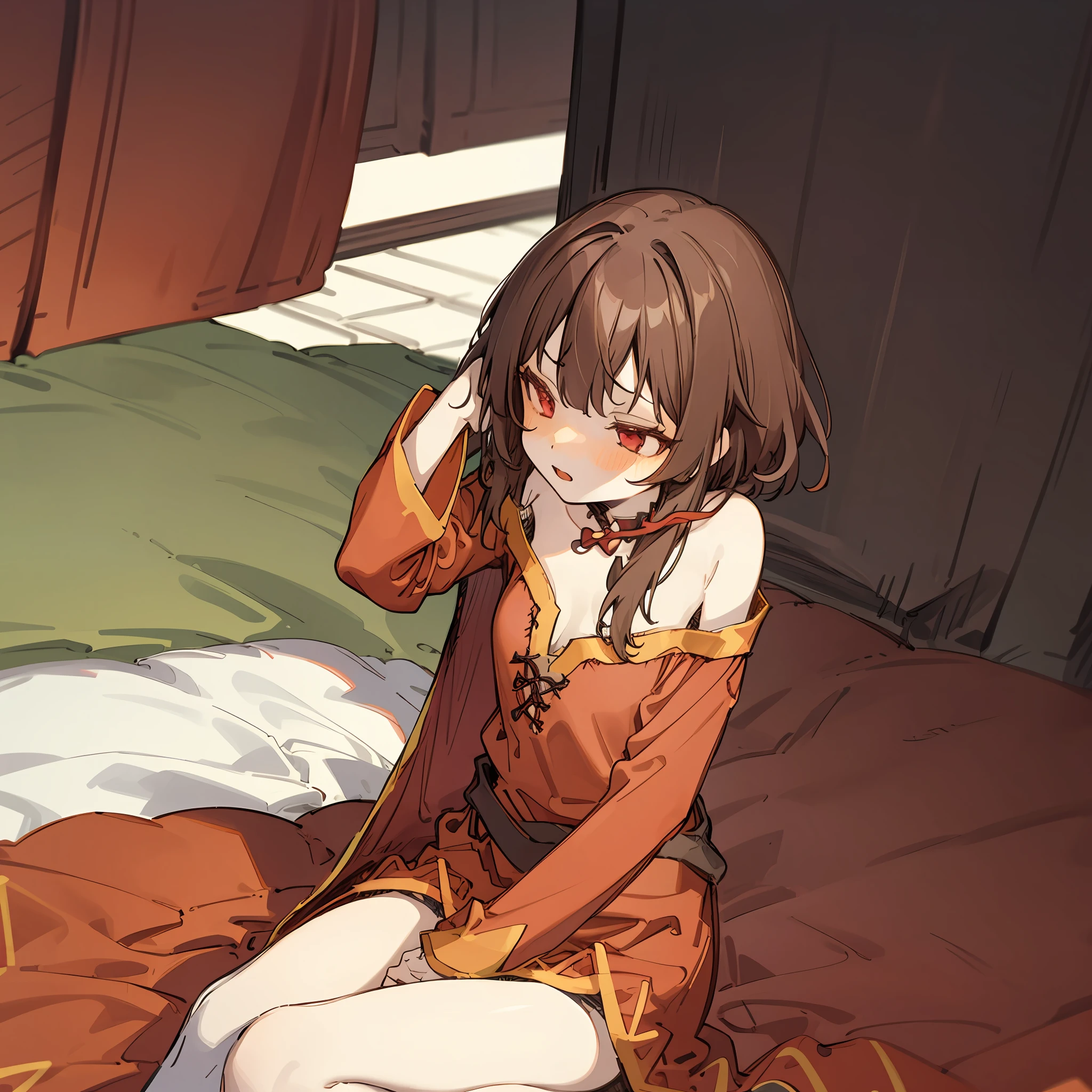 megumin,1 girl,Lori,small tits,red eyes,long sidelocks,brown hair,Short hair,sitting on,BREAK (masterpiecebest quality,Perfect Anatomy,perfect hands,perject limb,high details),