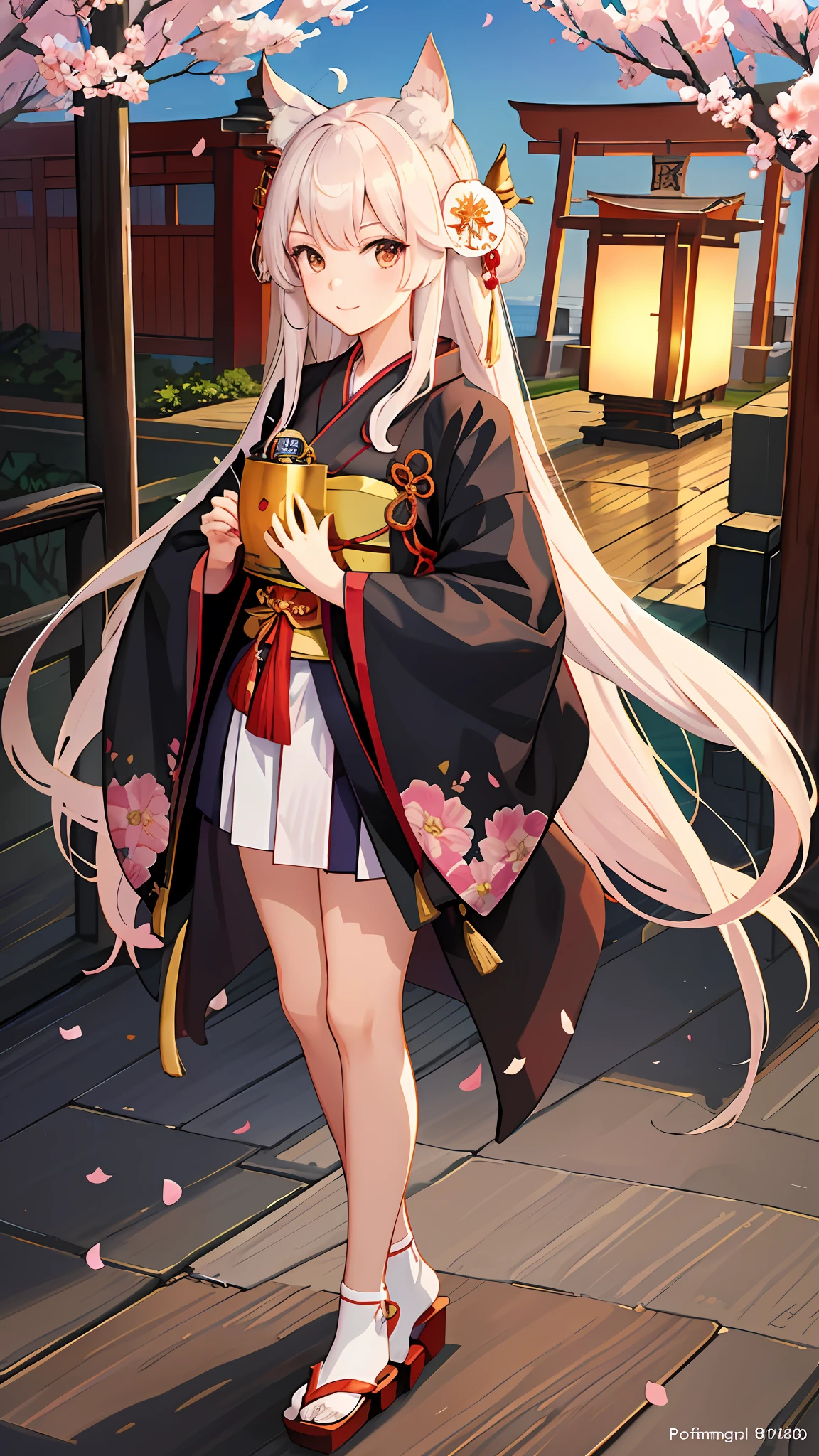 kimono, standing, 1 girl, 8K, White lining, Black coat, High quality, Look at the viewer,beast ear, wearing a kitsune mask, brunette, standing, shrines,torii,the cherry trees,Fluttering petals,anime moe art style,Kantai collection style,a serene smile,azur lane style,anime visual of a cute girl,offcial art,a beautiful anime portrait,Beautiful anime girls,komono,smooth anime cg art,attractive anime girls,drawn in anime painter studio,beautiful anime woman