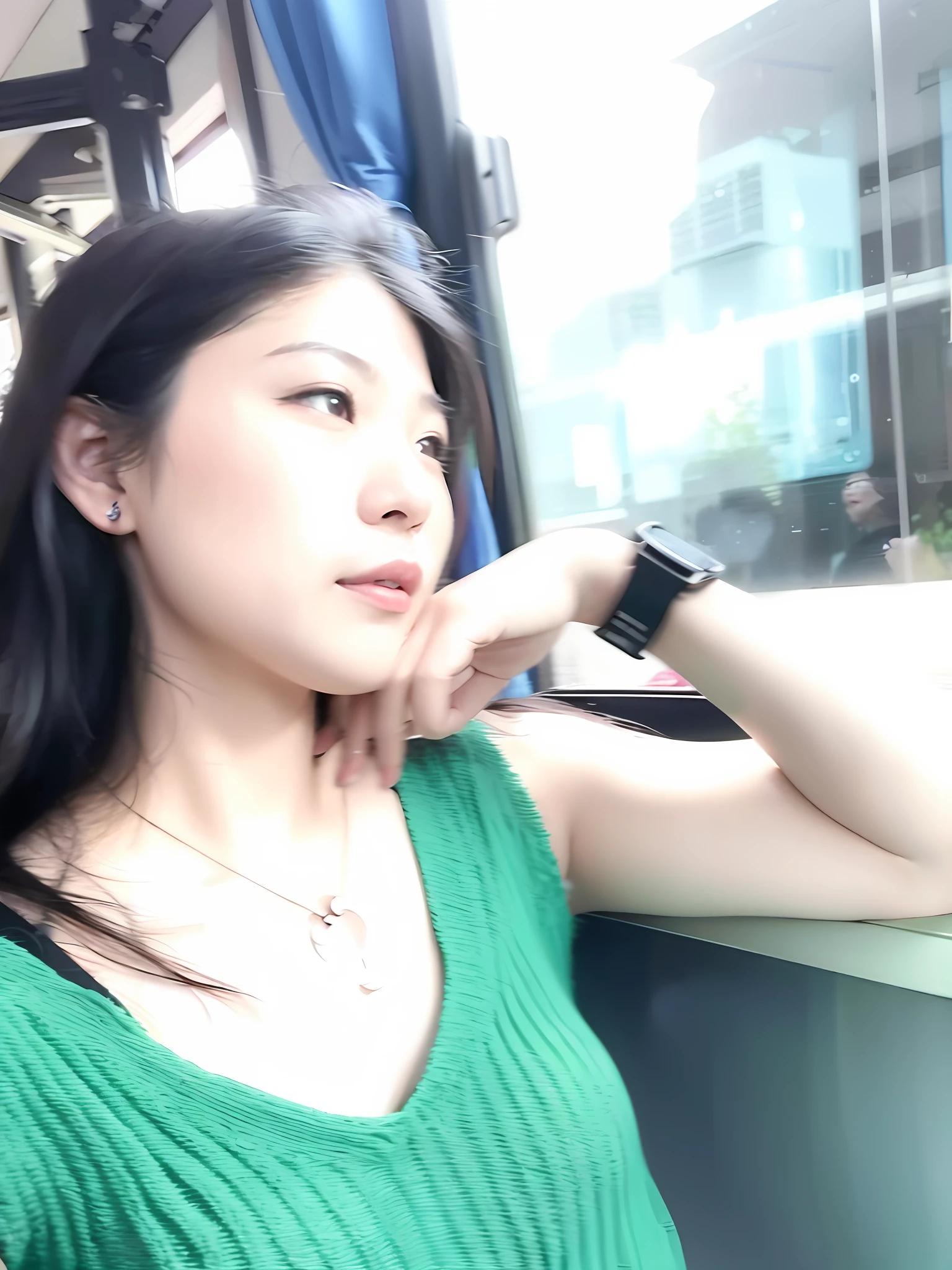 An Arapei woman in a green shirt sits on a bus looking out the window, 🤬 🤮 💕 🎀, f / 1. 9 6. 8 1 mm ISO 4 0, leaked image, 8K)), 8K selfie photos, 8K 50mm ISO 10, 🕹️ 😎 🚬, 🚿🗝📝, jaeyeon nam
