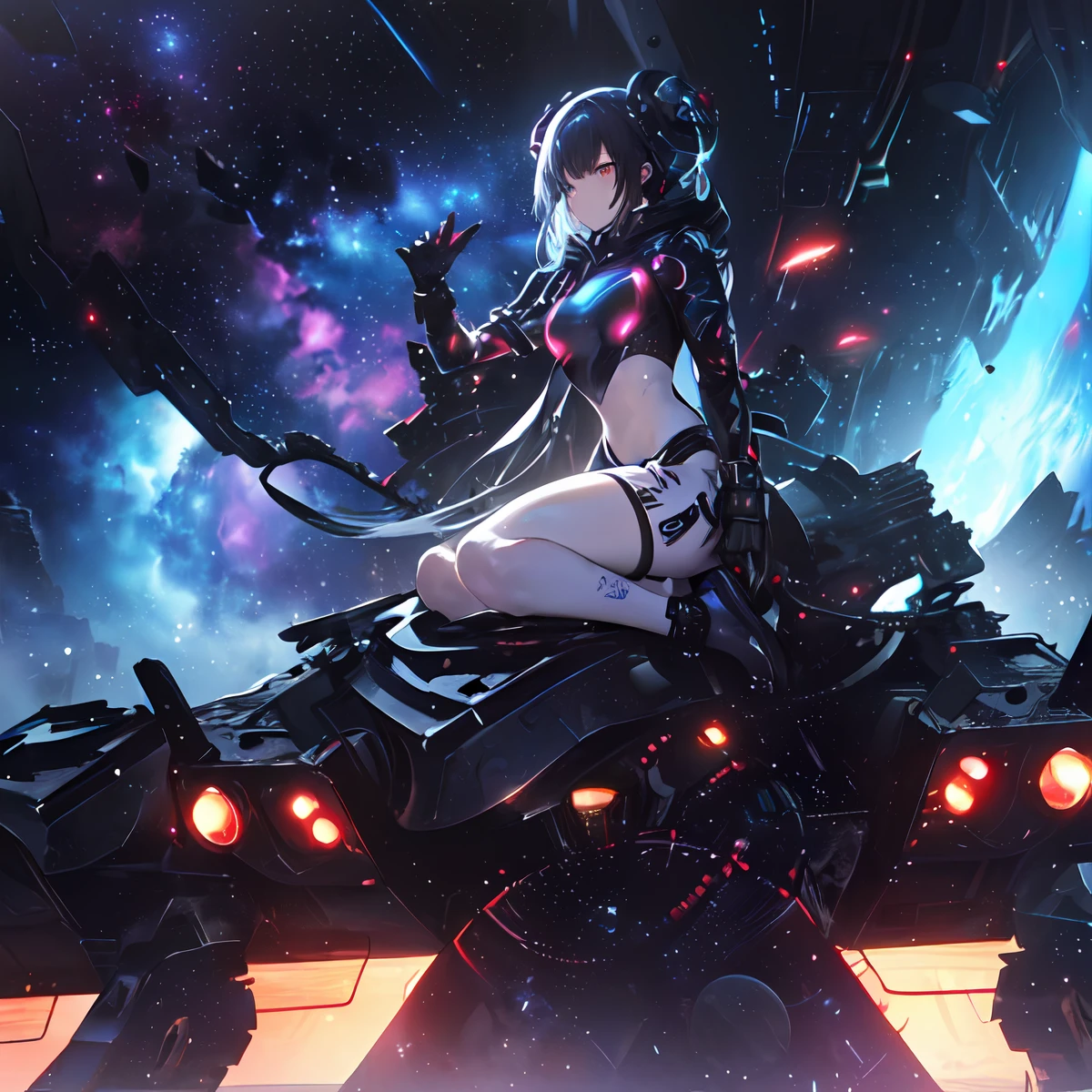 (masterpiece、top-quality、top-quality、Official art、ighly detailed、Beautifully Aesthetic:1.2)、(1girl in),cosmic space、cyberpunked、Future Space Combat Suits、((nebulas))、Delicate Light、Intuitive、Precise focus、cinema4d、Dramatic、