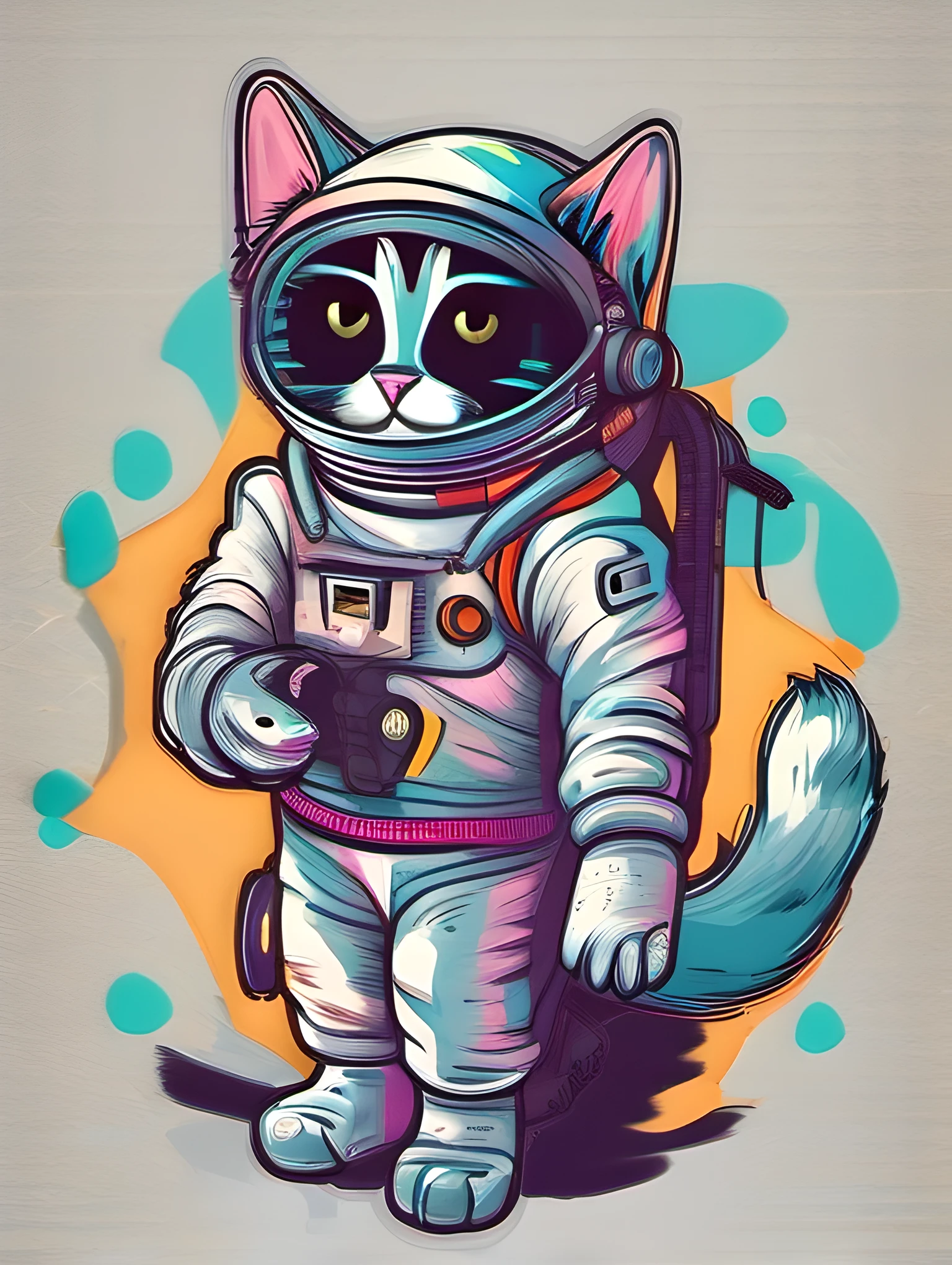 Illustration of astronaut kitten, cute character, magic, fantasy, clear background, abstract splash background, t-shirt design, vector art