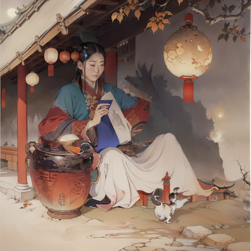 Ancient Chinese landscapes，Ancient buildings，Pavilions，Carved beams and paintings，enchanting scenery，Night，Moon light，Layered, Rich light and shadow,Mid-Autumn Festival, Ink painting style，clean color，Low-saturation colors，Colors of low brightness，Decisive cut，Leave white space，impressionistic，tmasterpiece，ultra - detailed，Epic composition,  HighestQuali，hyper realisitc，Art germ --v 6