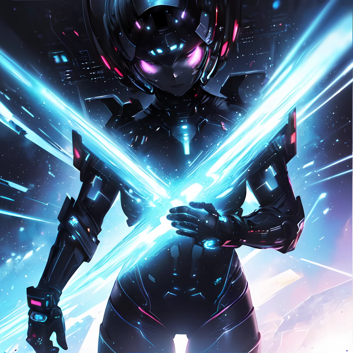 (​masterpiece、top-quality、top-quality、Official art、ighly detailed、Beautifully Aesthetic:1.2)、(1girl in),cosmic space、cyberpunked、Future Space Combat Suits、((nebulas))、Delicate Light、Intuitive、Precise focus、cinema4d、Dramatic、