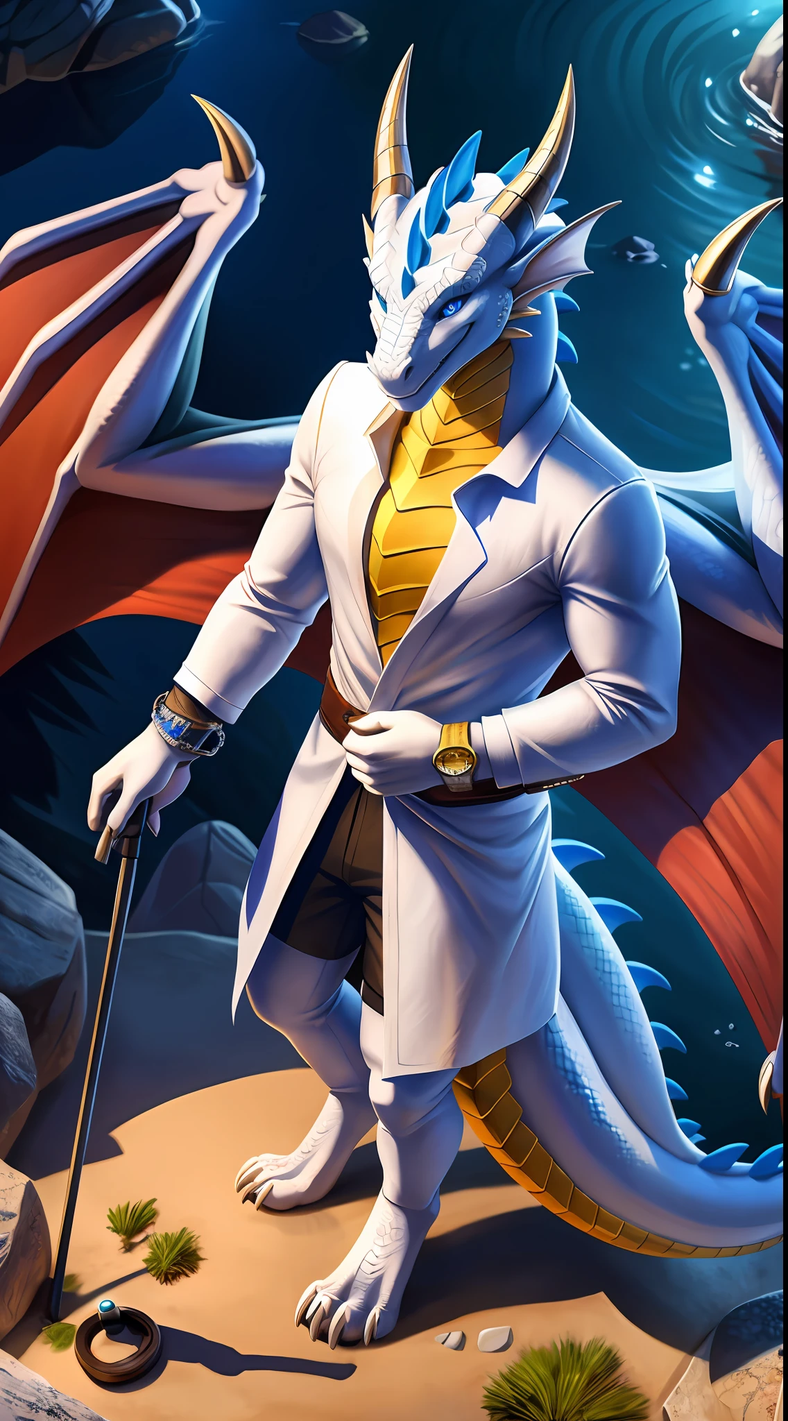 drak,Dragon tail,faucet,Dragon claws,Height 196,Dragon's horn,The body is mainly white,filigree,finely detailed paws,Smile with your mouth open,Only wearing a white coat,Map in one hand,Trekking poles in one hand,In the wild,ambient lights,Blue vertical pupils,full bodyesbian,White dragon wings,Top angle of view,Fine scales,A detailed,extremely detaile,Ray traching,Fine shadows,The best shadow,tmasterpiece,8k,High- sharpness,Ultra-detailed and ultra-high image quality,Wearing a watch