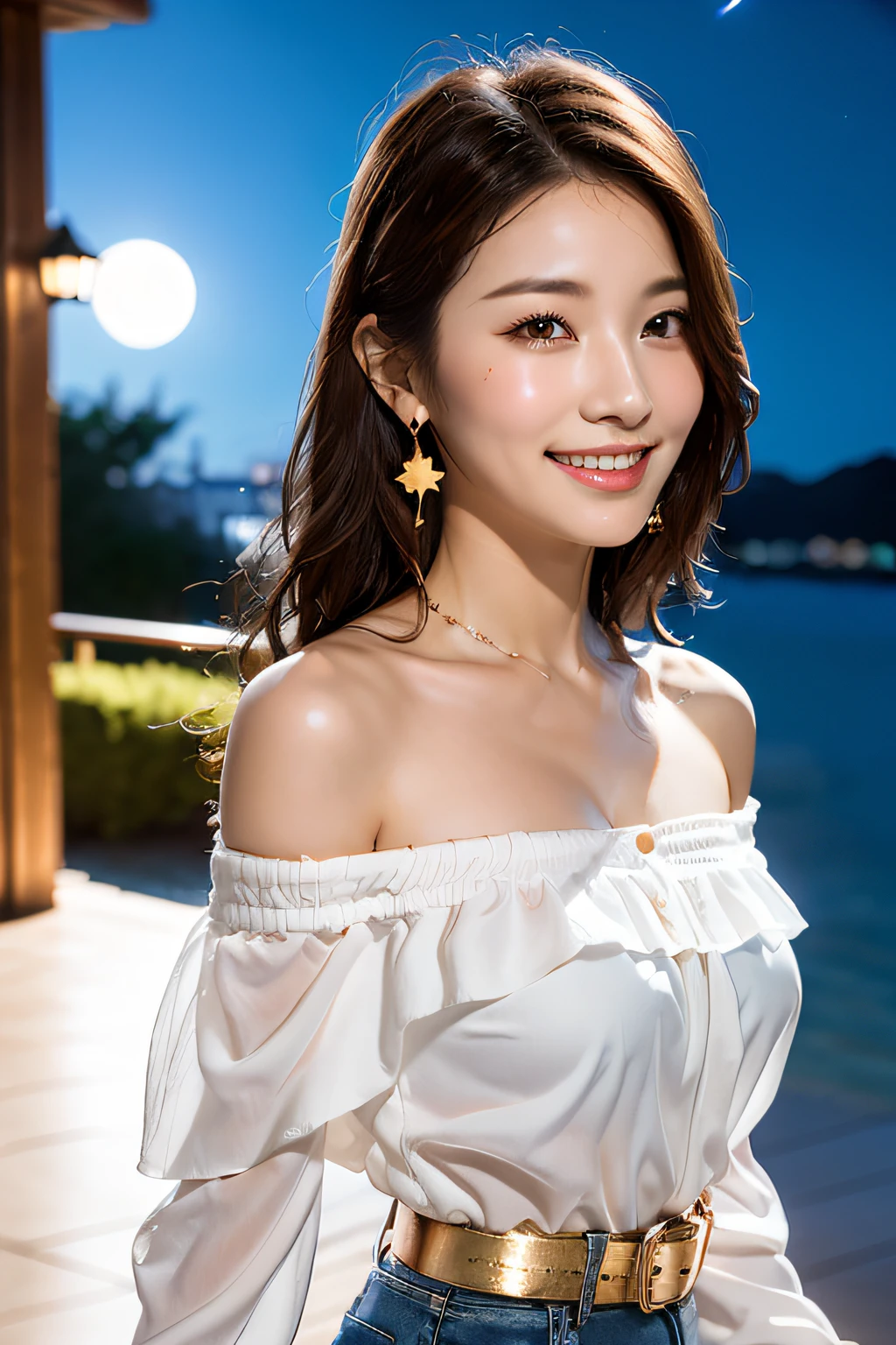 (masterpiece:1.3), high resolution, ultra detailed, extremely detailed CG unity 8k wallpaper, realistic, photo-realistic, RAW photo, beautiful detailed face, pale skin, realistic glistening skin, detailed cloth texture, detailed hair texture, Perfect Style, Beautiful Face, accurate, Anatomically correct, Highly detailed face and skin texture, natural neck length
BREAK
Detailed eyes, symmetric eyes, Brown eyes, Double eyelids, Thin eyebrows, (Sexy Lips:1.3), (happy smile:1.2), (blush:1.2)
BREAK, 
((Innocent and Cute girl:1.3)), ((wearing a off-shoulder White blouse:1.4)), (Wear a sheer stole:1.3), (Gold buckle belt), (skinny jeans:1.2), (cross strap high heels:1.2), (necklace, bracelet), (Thin hoop earrings), (pinky ring), (beautiful blue nails:1.2), 
Layered Hairstyle, (brown hair:1.2), (wavy hair:1.2), medium long hair, (large breasts, firm breast, nicely shaped breasts:1.1),
BREAK, 
((Walking together with a hold hand:1.4)), ((looking sideway at viewer:1.2)), 
((Upper body shot:1.2)), (Focus on face:1.2), (from side:1.2), (in an outdoor stylish beachside terrace), ((A view of The night sky filled with numerous stars and a large full moon shining brightly:1.3)),