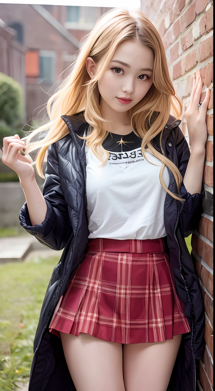 top-quality、ultra-detailliert、ighly detailed、realisitic、(​masterpiece:1.1)、hightquality、(Hi-Res)、femele、Idol、20yr old、A smile、embarrassed from、red blush、Thin、pale-skinned、bright blond hair、hair wavy、voluminous super long hair、(parka、\(see -through\)skirt by the)、NSFW、G Cup、panties on、panthyhose、knee high、