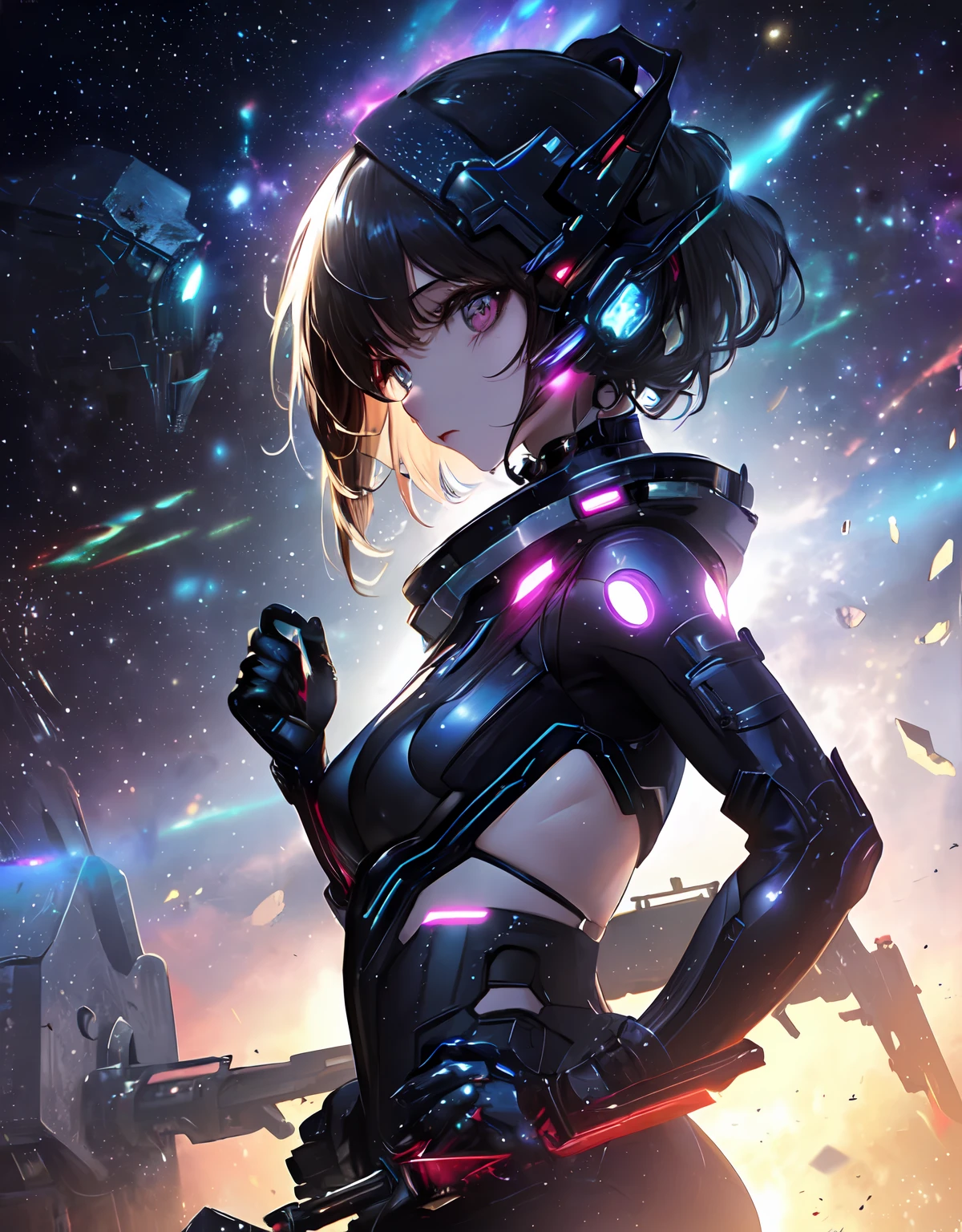 (​masterpiece、top-quality、top-quality、Official art、ighly detailed、Beautifully Aesthetic:1.2)、(1girl in),cosmic space、cyberpunked、Future Space Combat Suits、((nebulas))、Delicate Light、Intuitive、Precise focus、cinema4d、Dramatic、