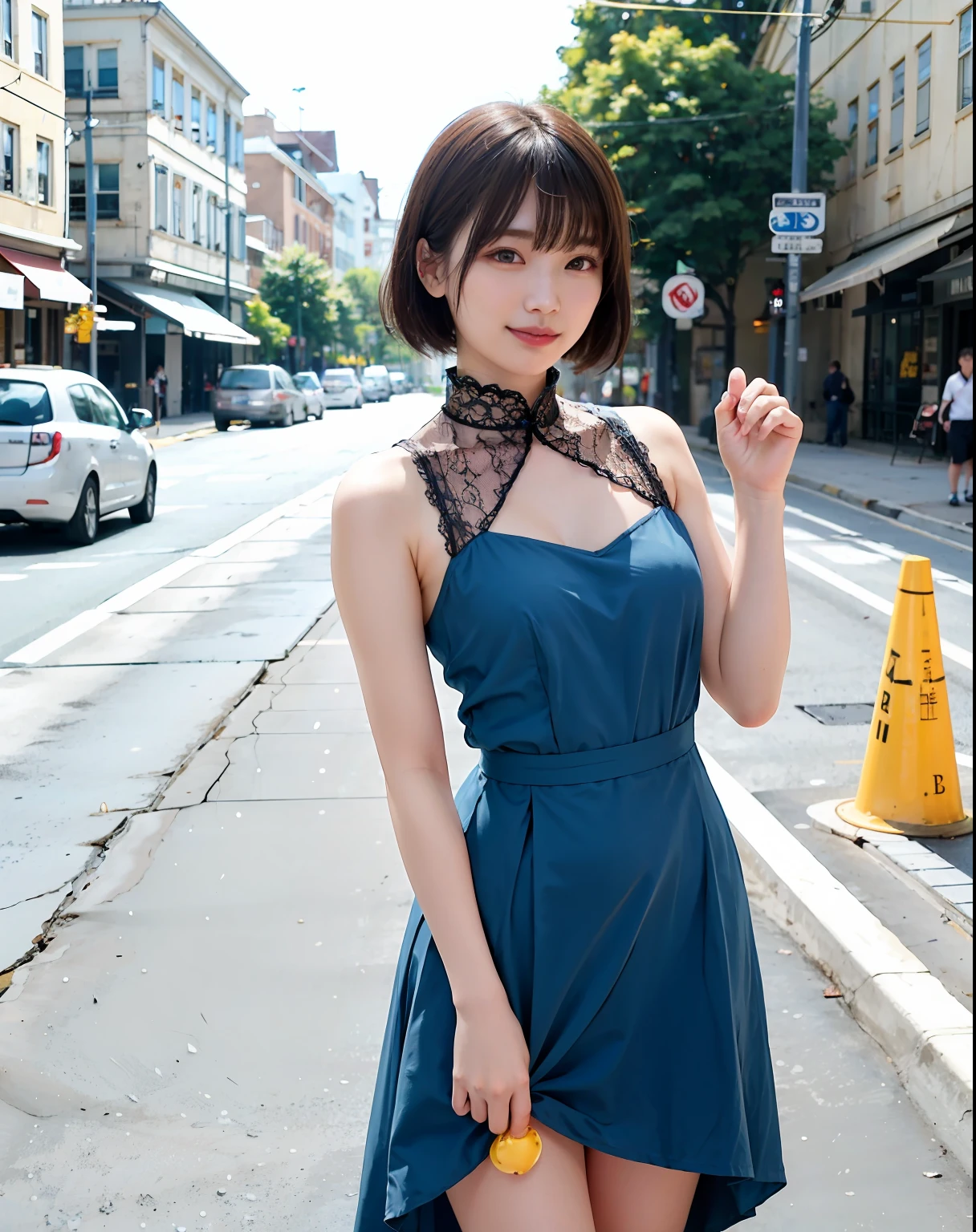 Woman waiting for people on street corner in yellow dress、Best quality at best、Girl 1ten mens、a large breast、tag、Brighter、Blur background、vokeh、plein-air、(Street:0.8)、(The human々、Crowd:1)、(lace-trimmed)doress:1.5、Sleeveless dress、Yellow suit、Yellow High Neck Dress:1.2、Blue dress:1.5)、a gorgeous(Very Shorthair、Forehead:1.2)、Beautiful sky with details、耳?????? Ring、(dinamic pose:1.2)、 (Haut du corps:0.8)、Soft lighting、Tuuli、glowy skin、smile on face、Sareme、Yellow sandals、