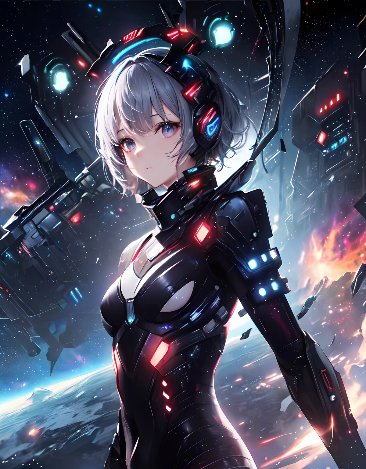 (masterpiece、top-quality、top-quality、Official art、ighly detailed、Beautifully Aesthetic:1.2)、(1girl in),cosmic space、cyberpunked、Future Space Combat Suits、((nebulas))、Delicate Light、Intuitive、Precise focus、cinema4d、Dramatic、