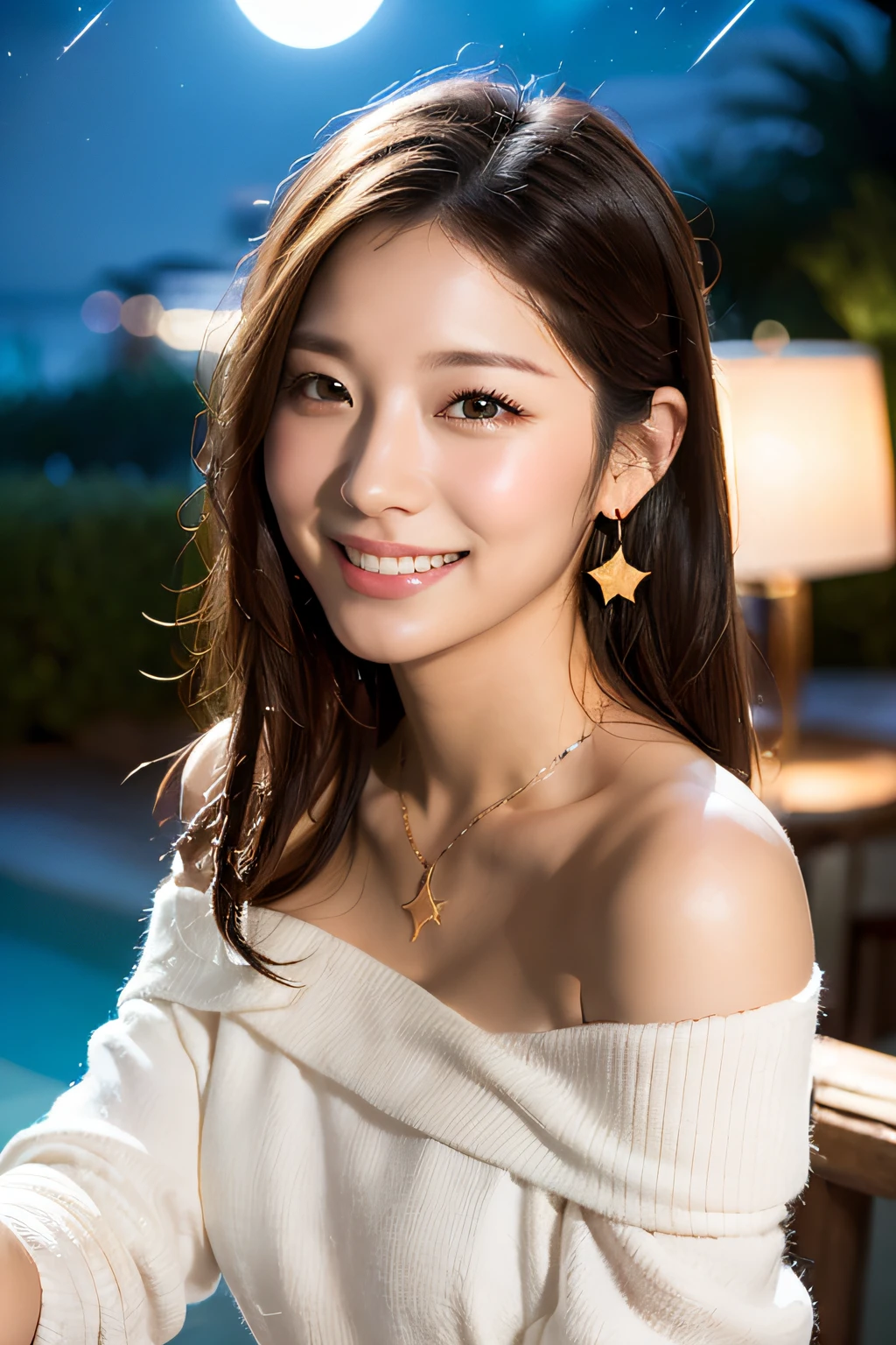 (masterpiece:1.3), high resolution, ultra detailed, extremely detailed CG unity 8k wallpaper, realistic, photo-realistic, RAW photo, beautiful detailed face, pale skin, realistic glistening skin, detailed cloth texture, detailed hair texture, Perfect Style, Beautiful Face, accurate, Anatomically correct, Highly detailed face and skin texture, natural neck length
BREAK
Detailed eyes, symmetric eyes, Brown eyes, Double eyelids, Thin eyebrows, (Sexy Lips:1.3), (happy smile:1.2), (blush:1.2)
BREAK, 
((Innocent and Cute girl:1.3)), ((wearing a off-shoulder White blouse:1.4)), (Wear a stole:1.4), (Gold buckle belt), (skinny jeans:1.2), (cross strap high heels:1.2), (necklace, bracelet), (Thin hoop earrings), (pinky ring), (beautiful blue nails:1.2), 
Layered Hairstyle, (brown hair:1.2), (wavy hair:1.2), medium long hair, (large breasts, firm breast, nicely shaped breasts:1.1),
BREAK, 
((Running together with a hold hand:1.4)), ((looking sideway at viewer:1.2)), 
((Upper body shot:1.2)), (Focus on face:1.2), (from side:1.2), (in an outdoor stylish beachside terrace), ((A view of The night sky filled with numerous stars and a large full moon shining brightly:1.3)),