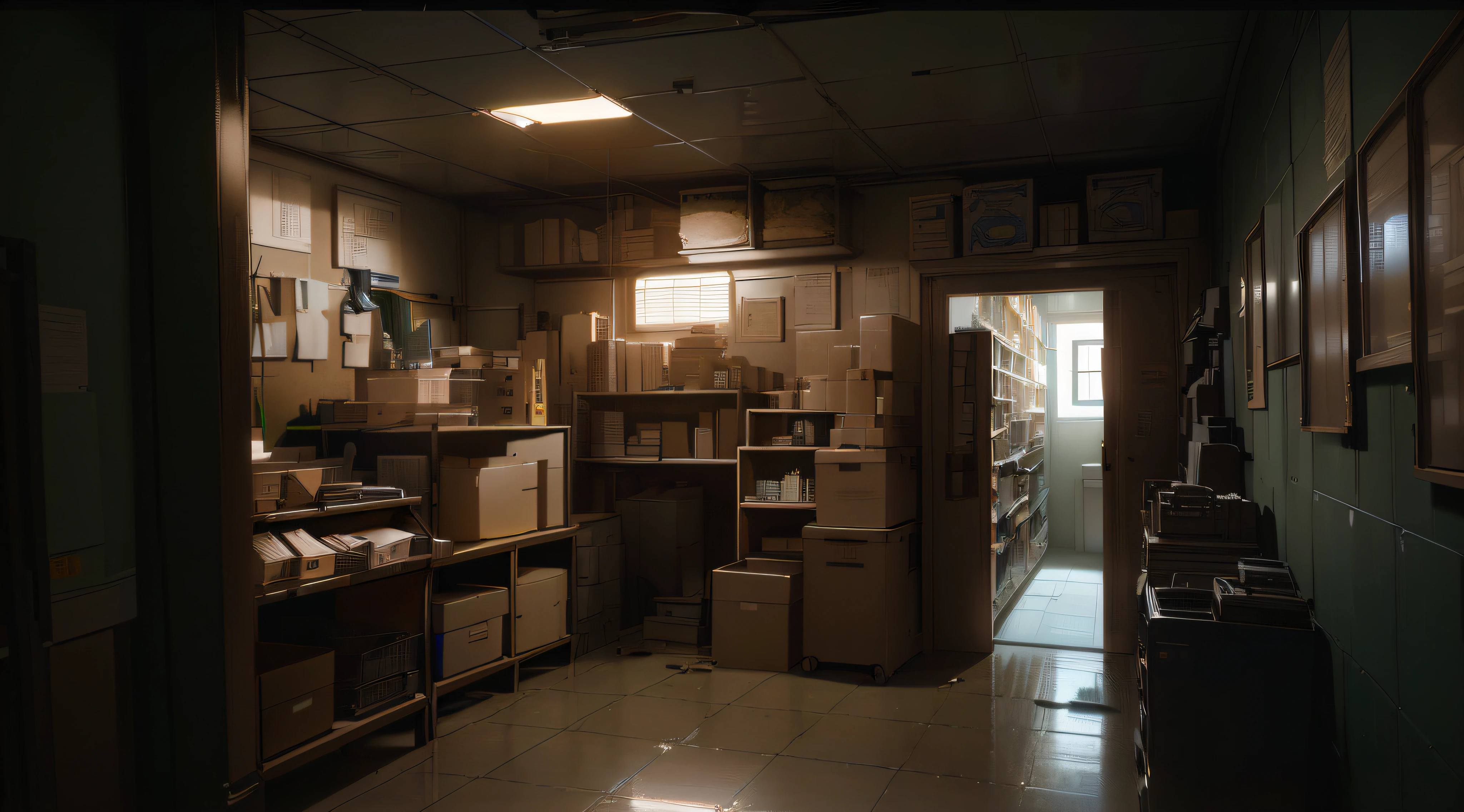 There is a room with boxes and shelves, Octane Render. by makoto shinkai, an empty backroom at night, By Shinkai Makoto. Octane Render, James Gurney Film Lighting, studio glibly makoto shinkai, Unreal Engine. retro film still, Dramatic Lighting. Concept art, Unreal Engine. Film Still, detailed cinematic rendering
