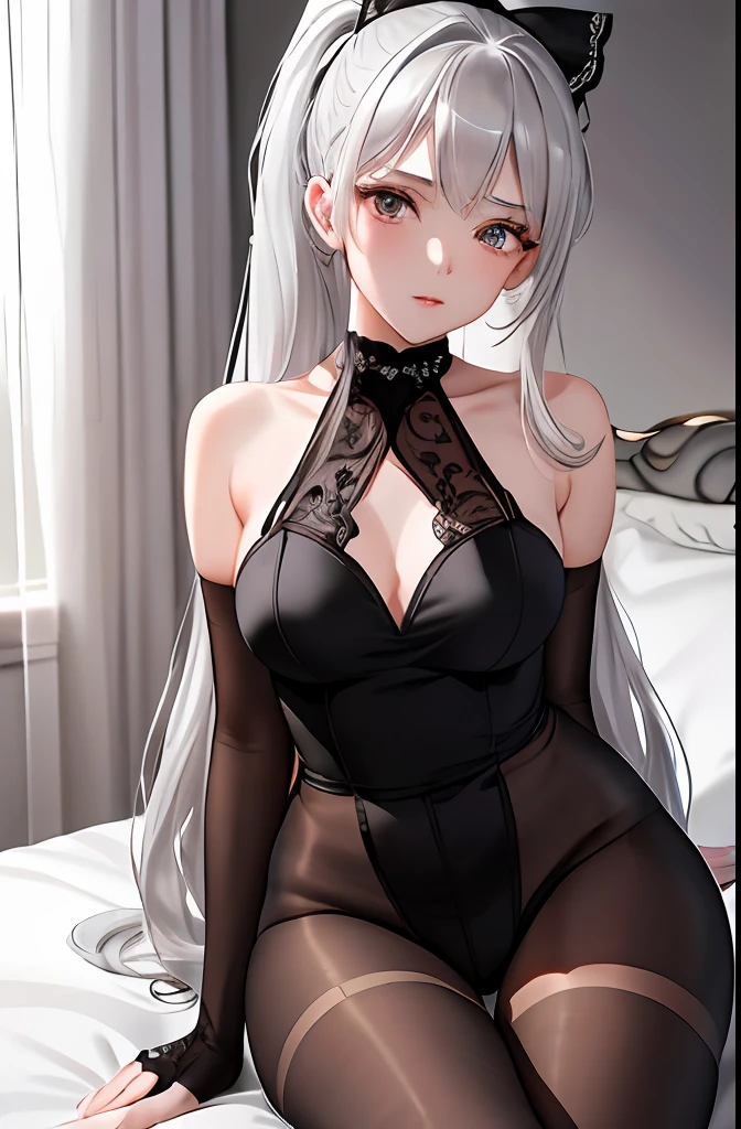 (((1 girl)),ray tracing,(dim lighting),[detailed background (bedroom)),((silver hair)),((silver hair)),(Fluffy silver hair, plump and slim girl))) with high ponytail))) Avoid golden eyes in the ominous bedroom (((girl wears intricately embroidered black high-waisted pants with pantyhose) and white ruffled bow gloves), showing a delicate slender figure and graceful curves, correct limbs, open legs, Sit on the bed