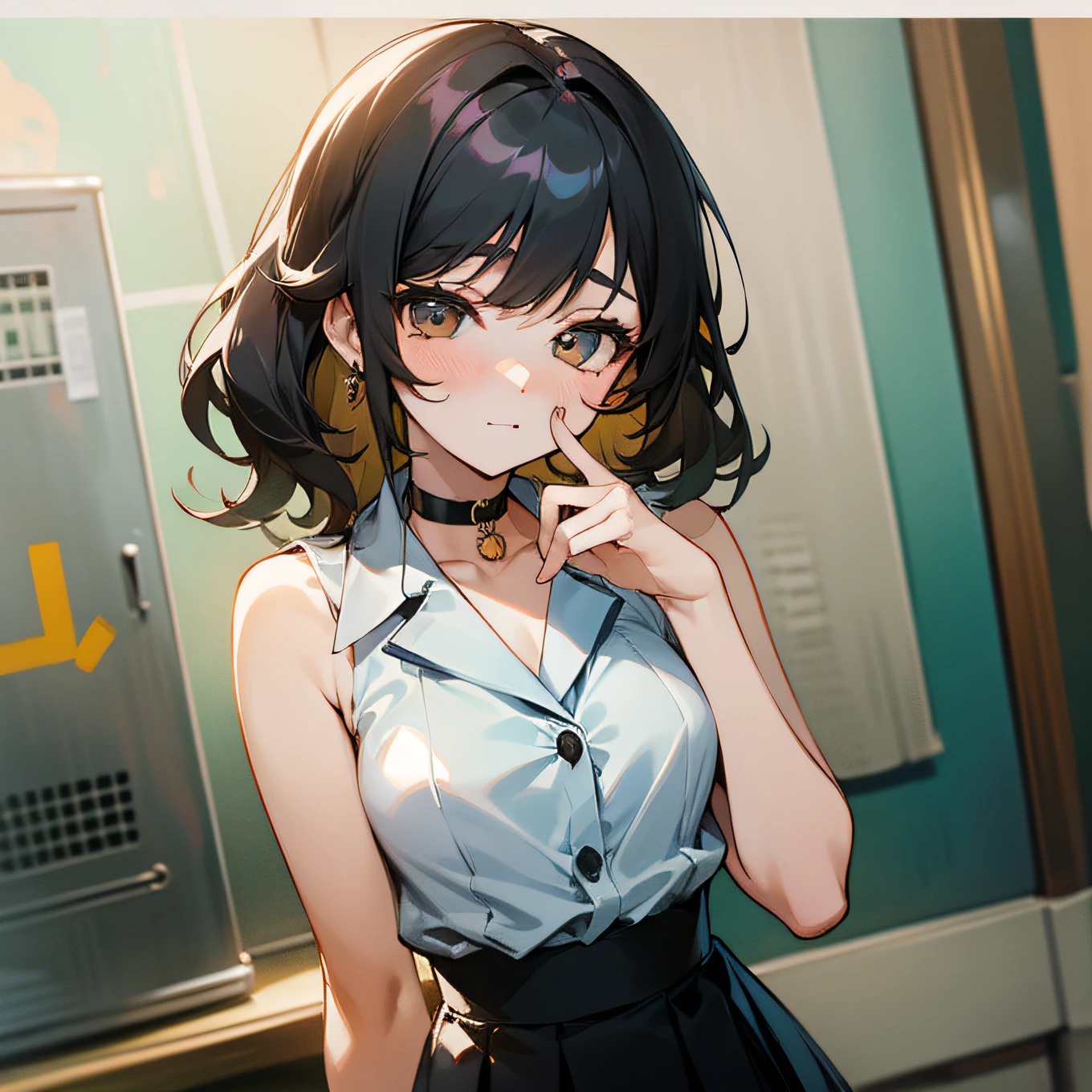 Best quality, 超高分辨率, 1girll, sleeveless white button shirt, Black skirt, Black choker, Cute, (Kpop idol), (aegyo sal:1), (black blonde hair:1), ((Puffy eyes)), view the viewer, full bodyesbian, facing front, black lence stockings