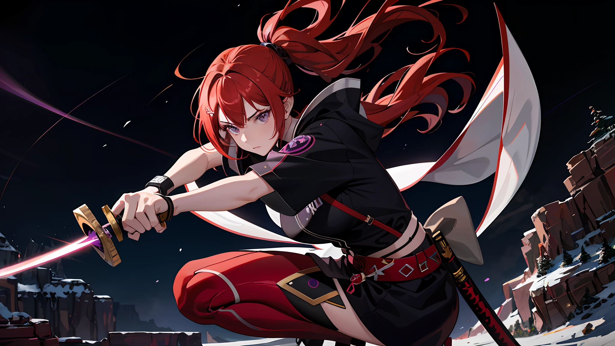 1girl,red hair,O cabelo multicolorido,Purple eye,Katana in hand,Sideslit,light particules,the wallpaper,full bodyesbian,half squatting,Grand Canyon in the background