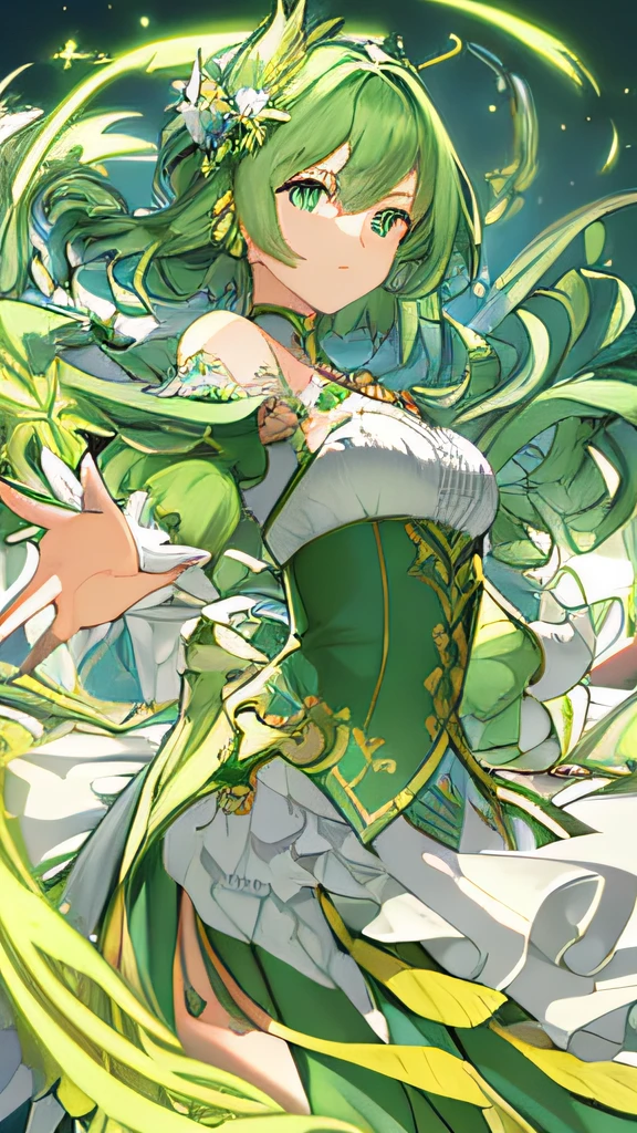 (((Masterpiece))),(((best qualtiy))),((Ultra-detailed)),(illustration),((anextremelydelicateandbeautiful)),dynamic angle,Floating,(beatiful detailed eyes),(detailedlight) (1girll), Solo, Floating_Hair,glowing light eyes,Green hair,green-eyed, double tails, halterdress, atdan, Green background,