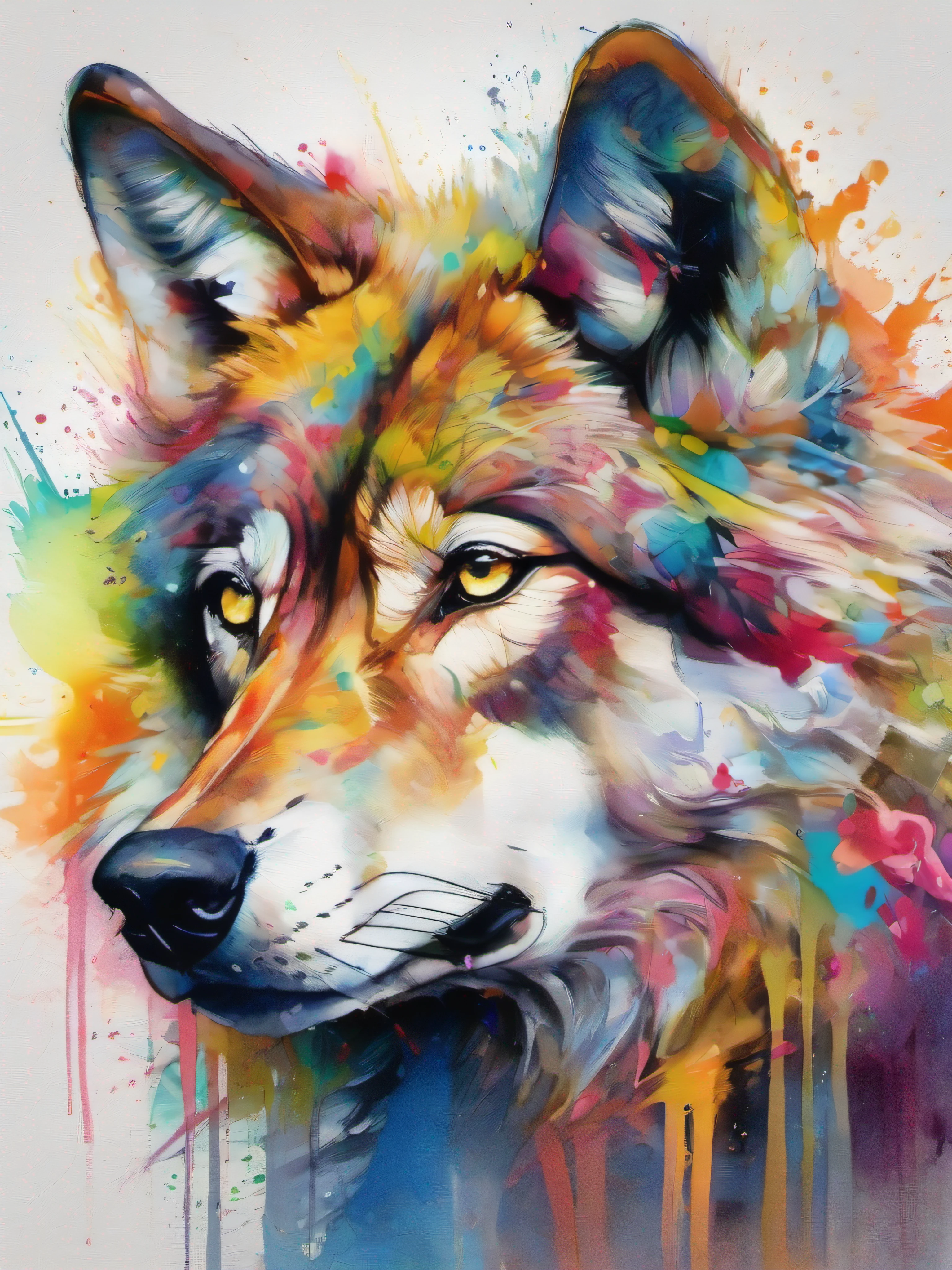 Draw a wolf with colorful ink on its face, archan nair, painted in bright water colors, animal drawing, vibrant watercolor painting, painting of cute dog, Stunning artwork, Surrealism with bright colors, plethora of colors，detail-rich, lovely digital painting, Amazing, digital art animal photo, colorful art, art of alessandro pautasso, watercolor detailed art