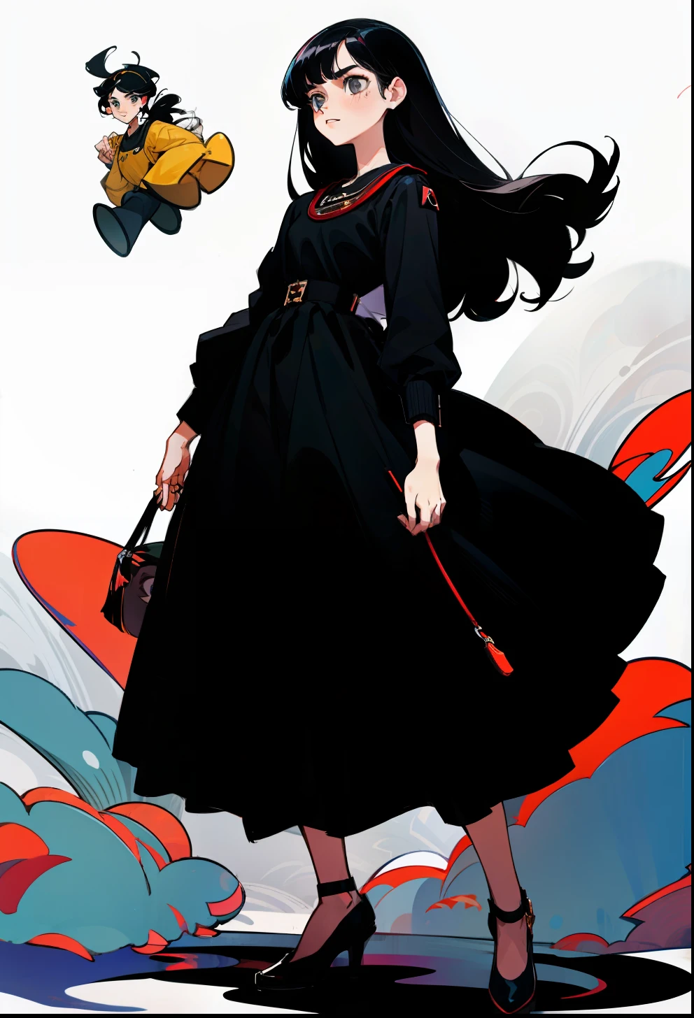 Black hair, 1Girl, Prada Clothing, stand up, Straight hair