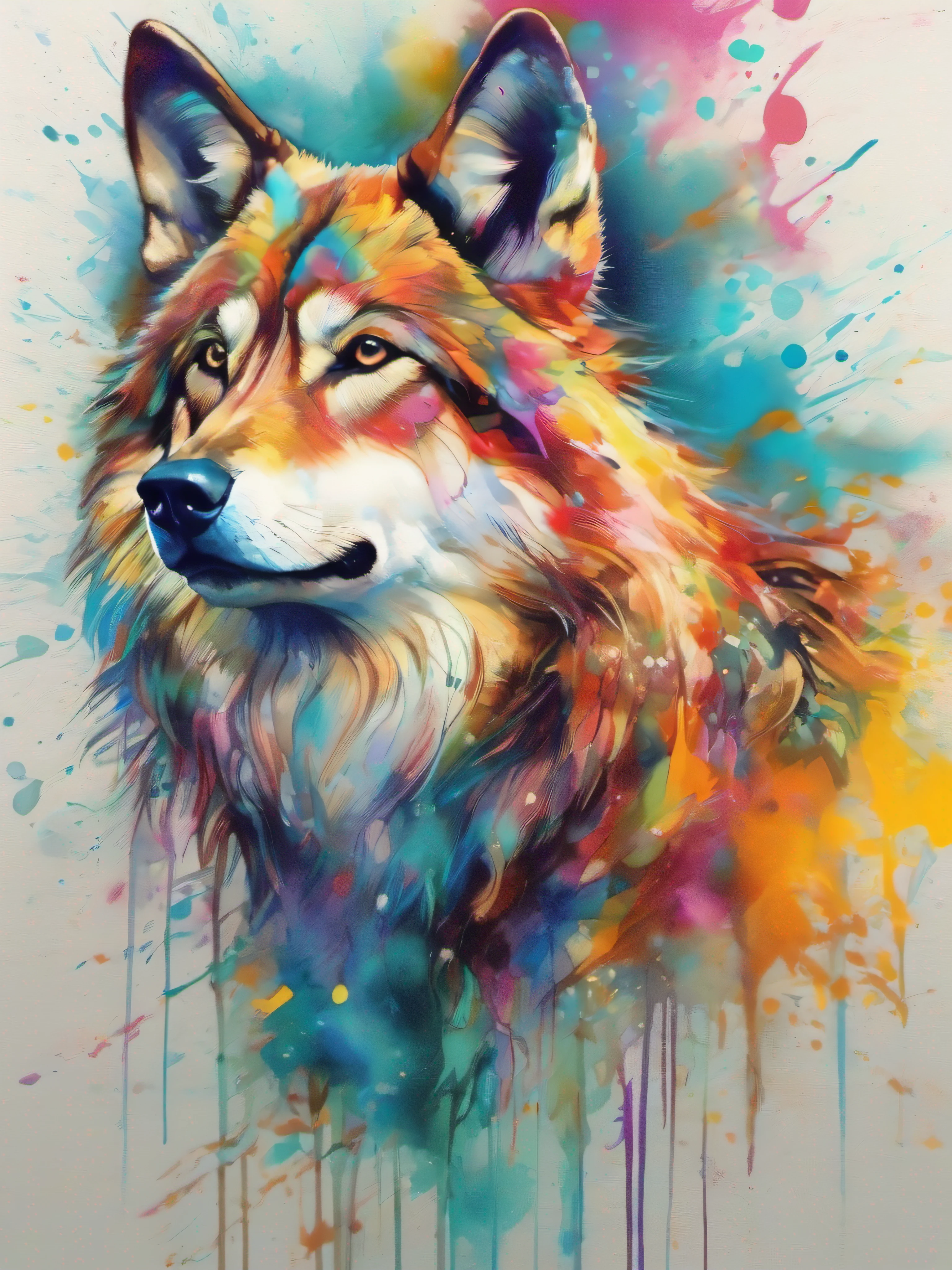 Draw a wolf with colorful ink on its face, archan nair, painted in bright water colors, animal drawing, vibrant watercolor painting, painting of cute dog, Stunning artwork, Surrealism with bright colors, plethora of colors,detail-rich, lovely digital painting, Amazing, digital art animal photo, colorful art, art of alessandro pautasso, watercolor detailed art