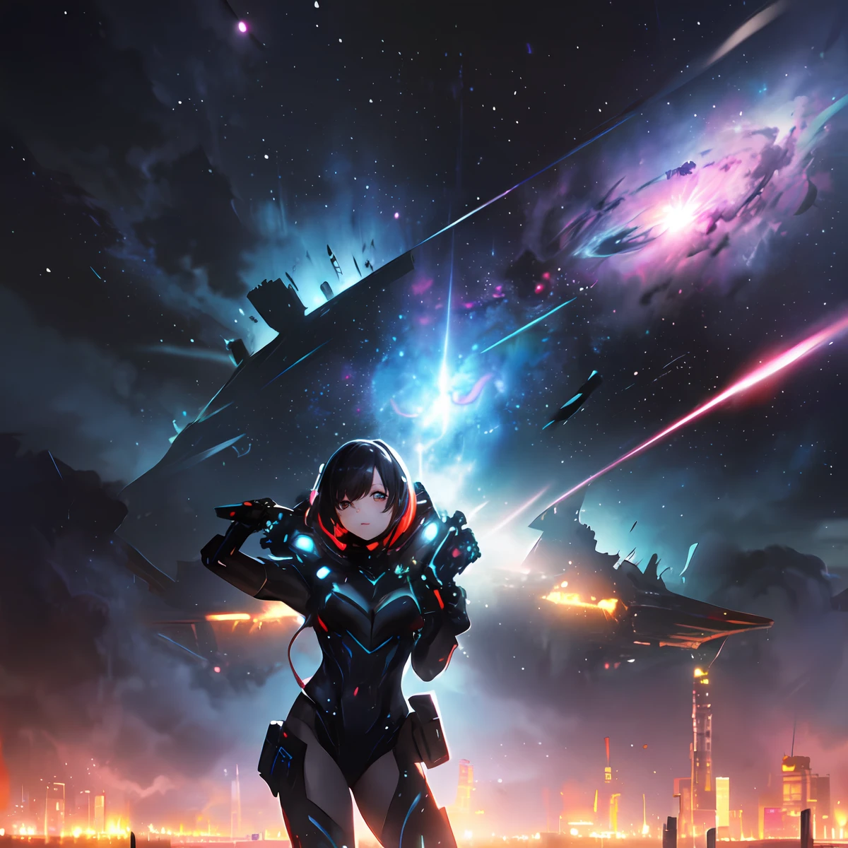 (masterpiece、top-quality、top-quality、Official art、ighly detailed、Beautifully Aesthetic:1.2)、(1girl in),cosmic space、cyberpunked、Future Space Combat Suits、((nebulas))、Delicate Light、Intuitive、Precise focus、cinema4d、Dramatic、