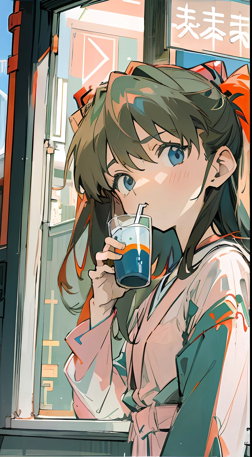 1 girl, asuka, Evangelion, 8K, best quality, japanese cloth, looking out the window, more details,Drinking juice, summer, cool style, bright colors,sunlight