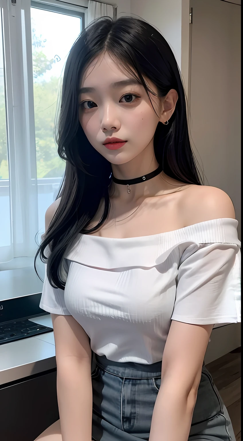top-quality,超高分辨率,8K,(realisticlying:1.4),Three girls,Off-the-shoulder pink shirt,White tight skirt,a black choker,(Faded gray-gray hair:1),(:5.0),looking at viewert,closeup cleavage,