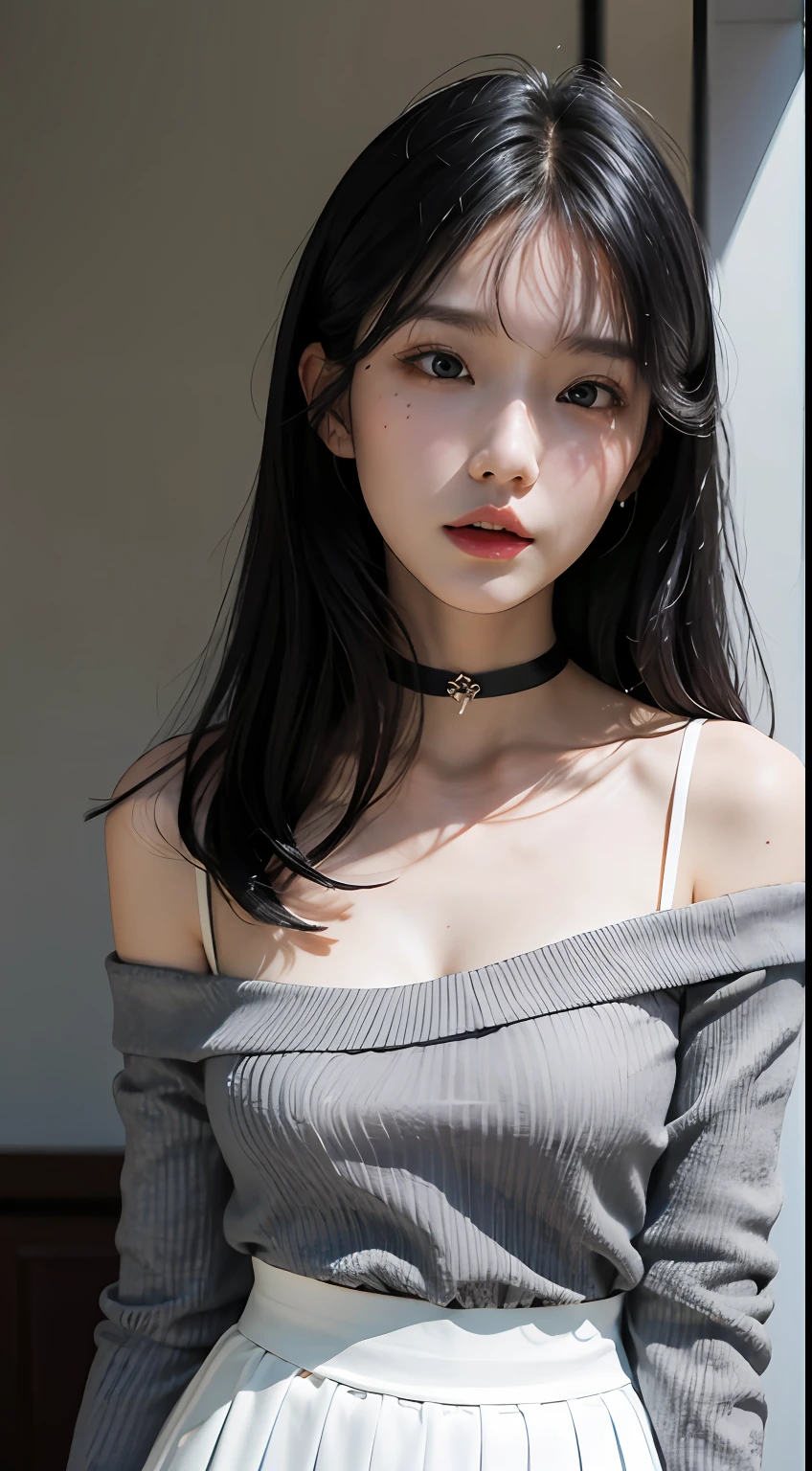 top-quality，超高分辨率，8K，（realisticlying：1.4），Three girls，Off-the-shoulder pink shirt，White tight skirt，a black choker，（Faded gray-gray hair：1），（：5.0），looking at viewert，closeup cleavage，