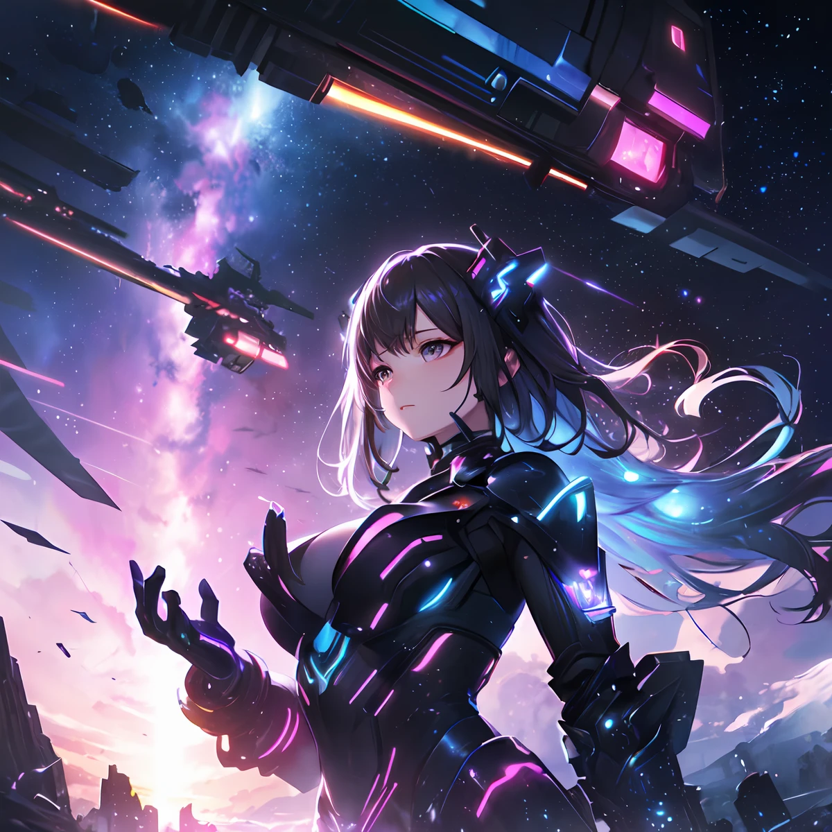 (masterpiece、top-quality、top-quality、Official art、ighly detailed、Beautifully Aesthetic:1.2)、(1girl in),cosmic space、cyberpunked、Future Space Combat Suits、((nebulas))、Delicate Light、Intuitive、Precise focus、cinema4d、Dramatic、