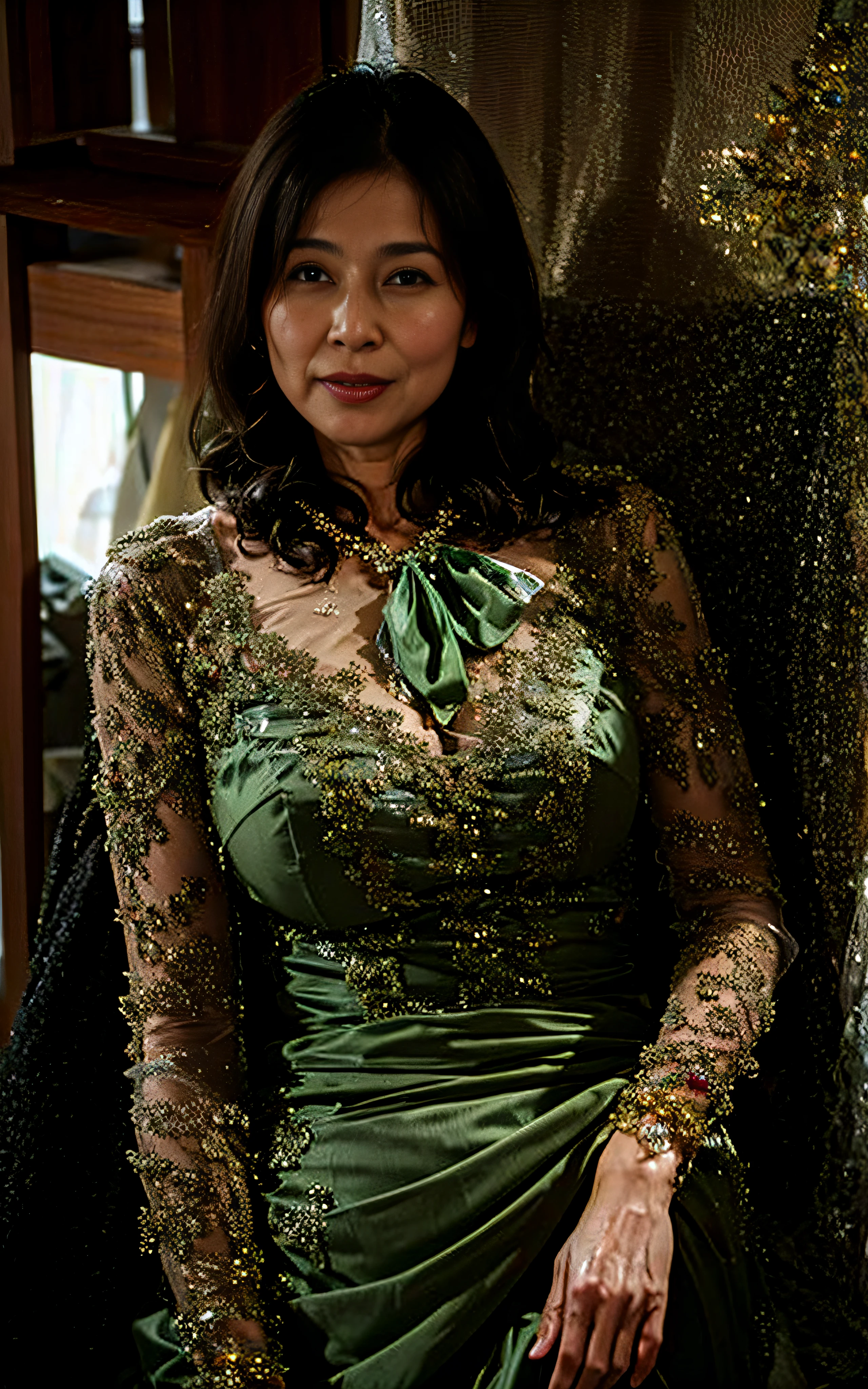 48-year-old woman，48yo，Green dress transparent dress，，Bigchest，