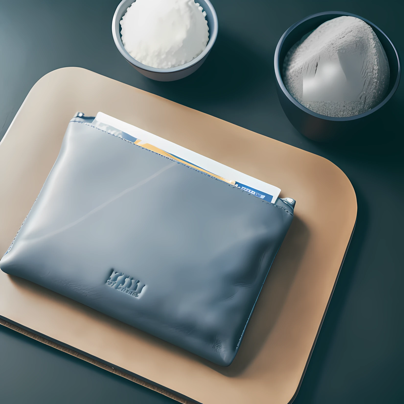 On the table was a blue-gray folder，The folder is placed on a black Visualizer,product closeups，solid color backdrop，Business style，close angle,Product photo,f / 2 0, Leather Pouch, Natural soft light，author：Emma Andievska, close-up product photo, Sacoche, full product shot, Fluid bags,Natural soft light