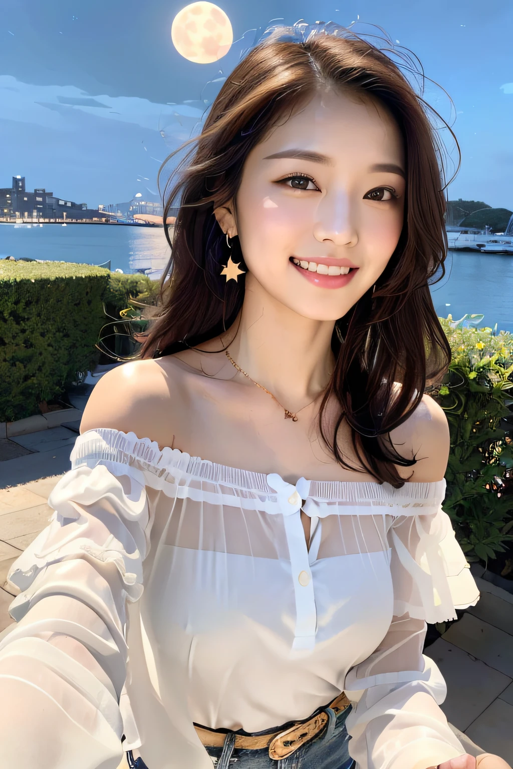 (masterpiece:1.3), high resolution, ultra detailed, extremely detailed CG unity 8k wallpaper, realistic, photo-realistic, RAW photo, beautiful detailed face, pale skin, realistic glistening skin, detailed cloth texture, detailed hair texture, Perfect Style, Beautiful Face, accurate, Anatomically correct, Highly detailed face and skin texture, natural neck length
BREAK
Detailed eyes, symmetric eyes, Brown eyes, Double eyelids, Thin eyebrows, (Sexy Lips:1.3), (happy smile:1.2), (blush:1.2)
BREAK,
((Innocent and Cute girl:1.3)), ((wearing a off-shoulder sheer White blouse:1.4)), (Gold buckle belt), (skinny jeans:1.2), (cross strap high heels:1.2), (necklace, bracelet), (Thin hoop earrings), (pinky ring), (beautiful blue nails:1.2),
Layered Hairstyle, (brown hair:1.2), (wavy hair:1.2), medium long hair, (large breasts, firm breast, nicely shaped breasts:1.1),
BREAK,
((Running together with a hold hand:1.4)), ((looking sideway at viewer:1.2)),
((Upper body shot:1.2)), (Focus on face:1.2), (from side:1.2), (in an outdoor stylish beachside terrace), ((A view of The night sky filled with numerous stars and a large full moon shining brightly:1.3)),