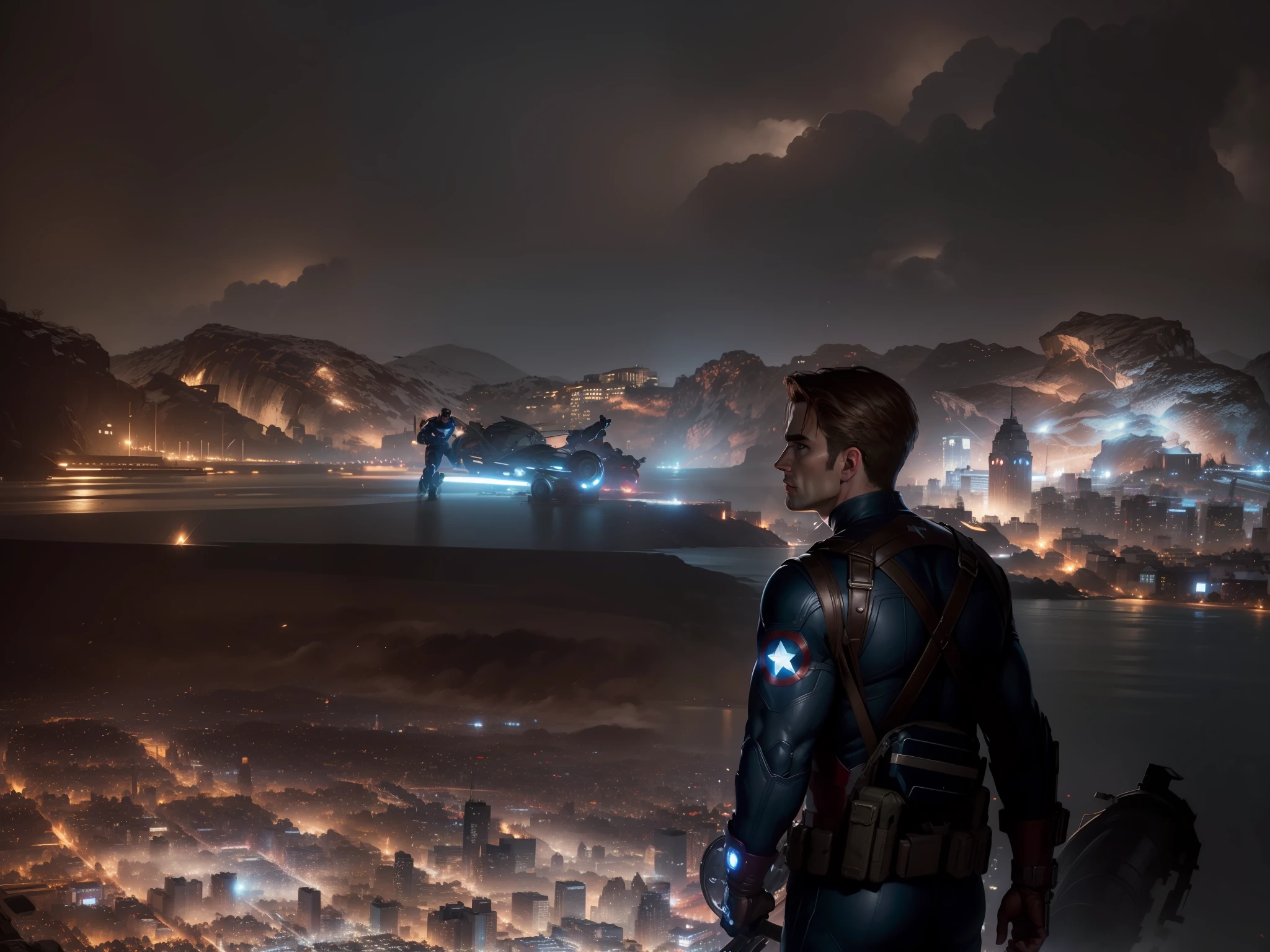 Captain America 8k, high definition, detailed face, detailed face, detailed eyes, detailed suit, in style of marvel and dc, hyper-realistic, + cinematic shot + dynamic composition, incredibly detailed, sharpen, details + superb details + evening with light + perfectionism + award winning realism ((moody lighting))
