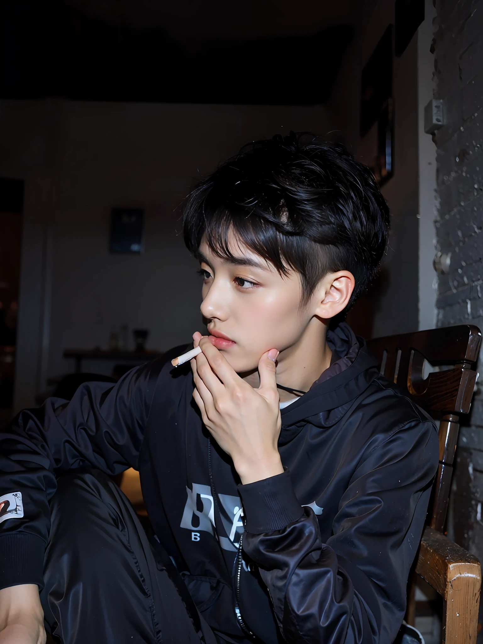 there is a young man sitting on a chair smoking a cigarette, he is smoking a cigarette, with cigar, smoking cigarette, with dark ghost smokes around, dramatic smoking pose, smoking with squat down pose, cigarette, smogpunk, he is about 2 0 years old, around 1 9 years old, ayan nag, he is about 20 years old, (high detailed skin:1.3), (photorealistic:1.3), ultra-detailed, (high detailed skin:1.2), 8k uhd, dslr, soft lighting, high quality, film grain, Fujifilm XT3, best quality, beautiful lighting