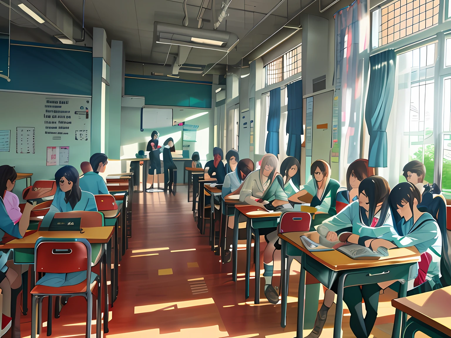 Students sit at desks in the classroom，holding laptop, typical anime classroom, ( ( Makoto Shinkai ) ), kyoto animation still, rendering by octane. By Makoto Shinkai, studio glibly makoto shinkai, By Makoto Shinkai, By Makoto Shinkai, Makoto Shinkai's style, in the style of makoto shinkai