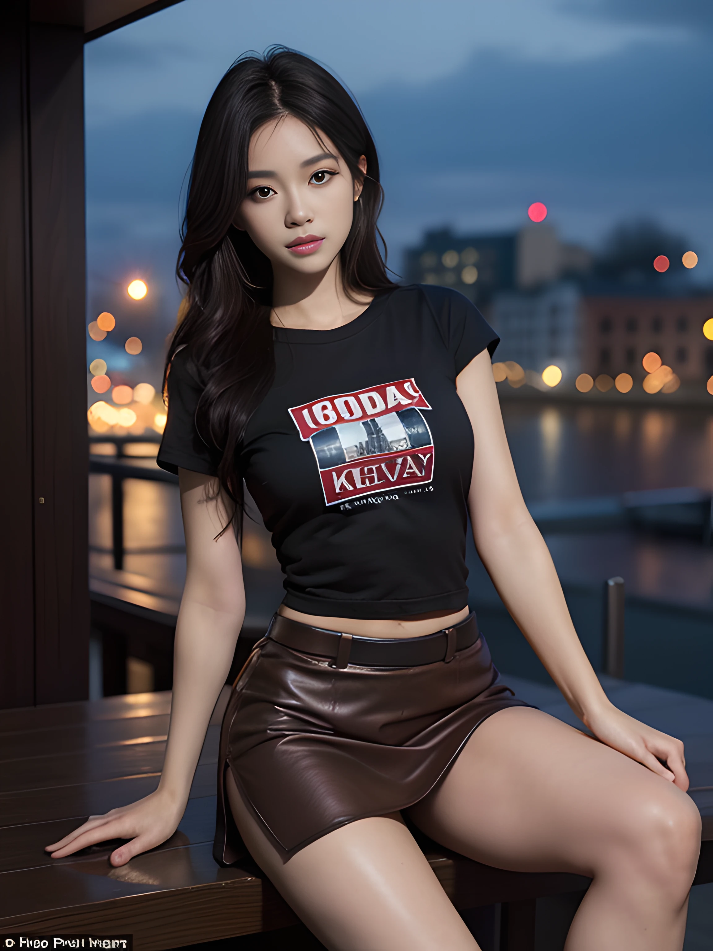 ((midynight, Acura, 8K, tmasterpiece: 1.3)), full bodyesbian, long leges, Focalors: 1.2, perfect figure beautiful woman: 1.4, Slim abs: 1.1, (dark brown hair,: 1.2 )), (tight tshirt, short skirt,sitting on a stool: 1.2), (city night scene, the roof: 1.3)), Highly Detailed Face and Skin Textur, detailedeyes, 二重まぶた,
