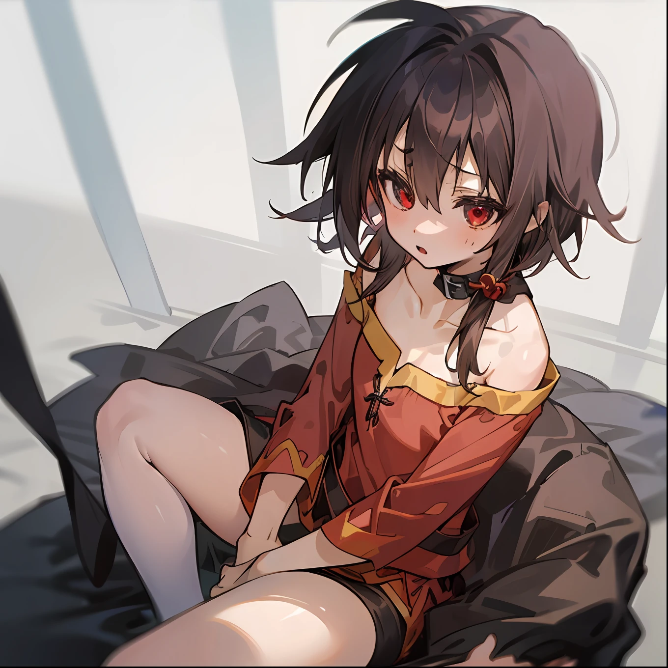 megumin,1 girl,Lori,small tits,red eyes,long sidelocks,brown hair,Short hair,sitting on,BREAK (masterpiecebest quality,Perfect Anatomy,perfect hands,perject limb,high details),