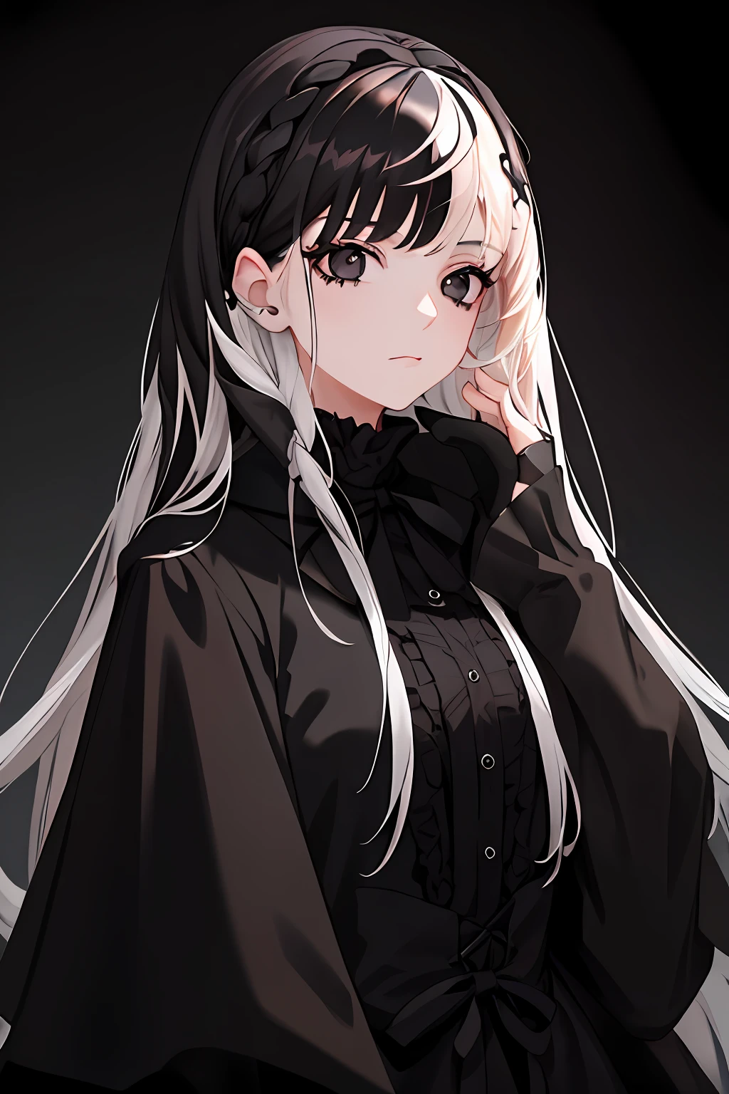 1girll,Closed mouth,Black eyes,Gothic,hair intakes,(((Black hair|White hair))),Best quality,A high resolution,Night,    , tmasterpiece, Best quality at best, finely detailled, The is very detailed, 8K,