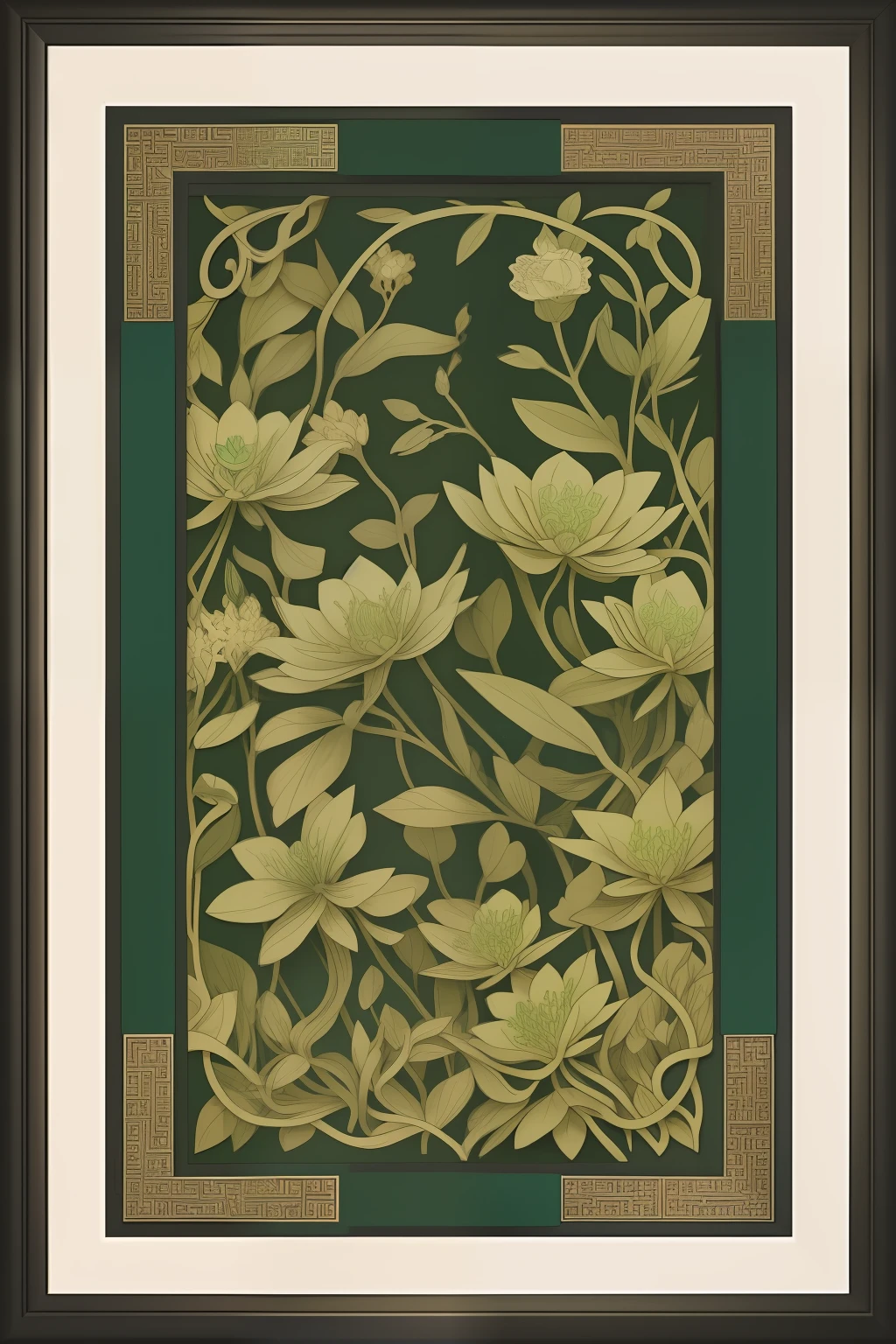 Floral plant masses,"Fantastic illustrations depicted(dreamlike illustration:+1.2),Dark gray and light emerald green(Dark gray and light emerald green style)style of,Square frame from the Song Dynasty(Song dynasty square frame:1.1),Tangled nests,Sepia tones(Sepia tones:1.2)。"