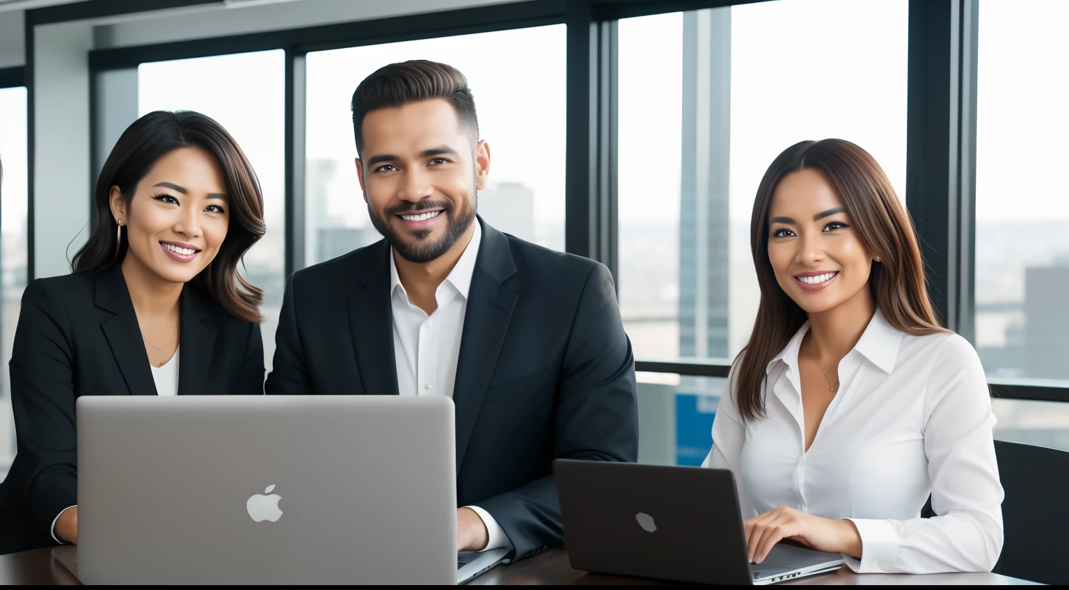 three business people, office, professional, smiling, laptop, global startup atmosphere, interracial, photorealistic, 8K